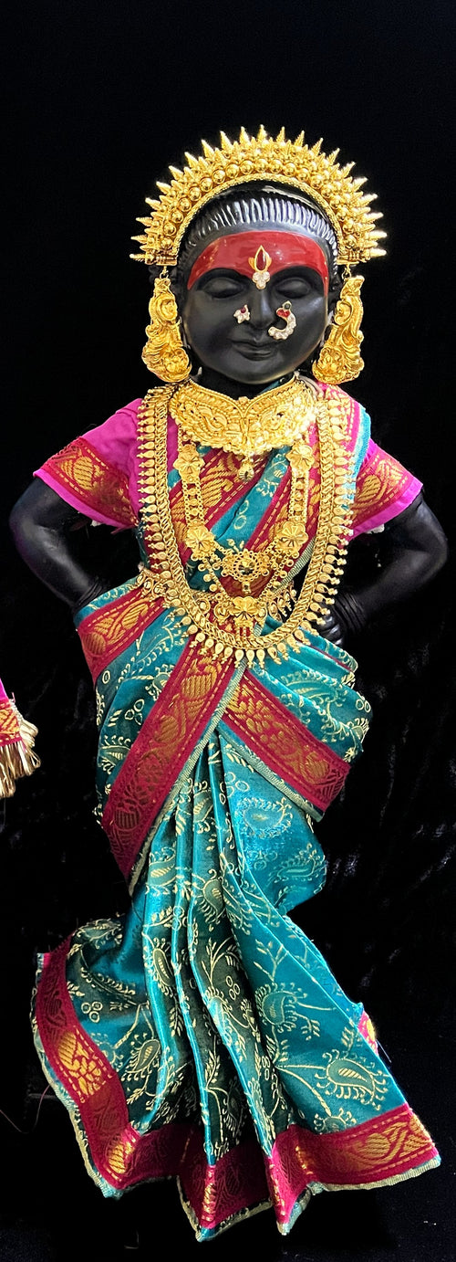 Amman Pavadai, Ammavaru Saree, Vitthal Rukhmini Vastra, Ram Sita Poshak, Radha Krishna Dress, Radha Rani Poshak for Standing Idol, pre-stiched Sadi , Made of  Satin Silk (not pure silk) - Rama Blue pre-pleated Saree with Pink Contrast and blouse