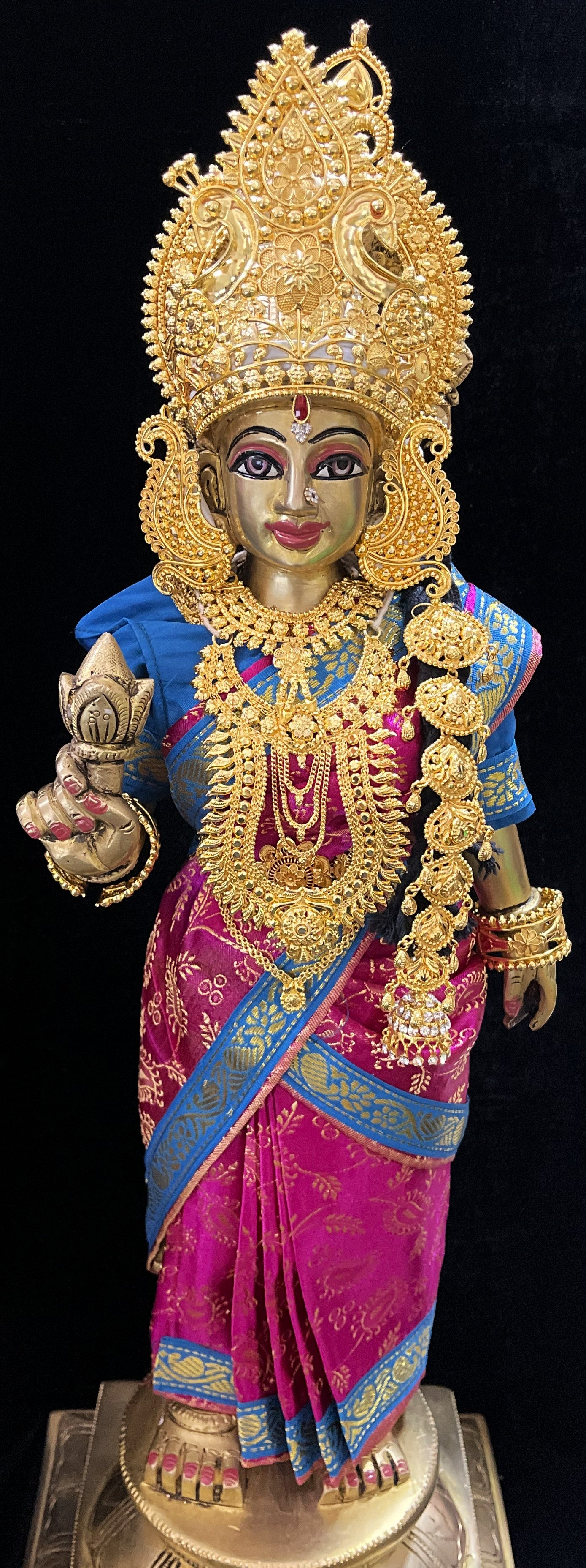 Amman Pavadai, Ammavaru Saree, Vitthal Rukhmini Vastra, Ram Sita Poshak, Radha Krishna Dress, Radha Rani Poshak for Standing Idol, pre-stiched Sadi , Made of  Satin Silk (not pure silk) - Pink pre-pleated Saree with Sky Blue Contrast and blouse