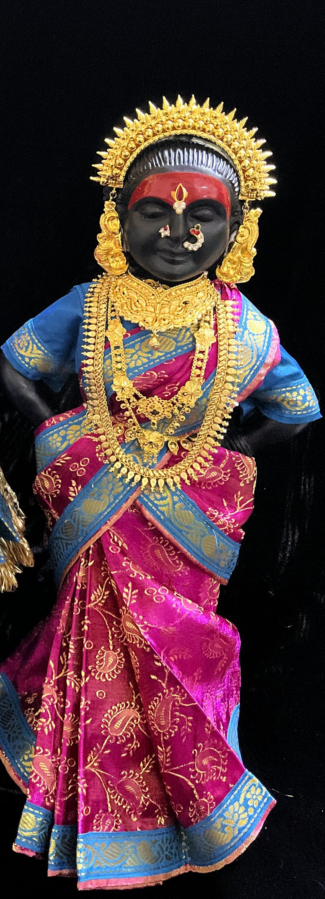 Amman Pavadai, Ammavaru Saree, Vitthal Rukhmini Vastra, Ram Sita Poshak, Radha Krishna Dress, Radha Rani Poshak for Standing Idol, pre-stiched Sadi , Made of  Satin Silk (not pure silk) - Pink pre-pleated Saree with Sky Blue Contrast and blouse 1