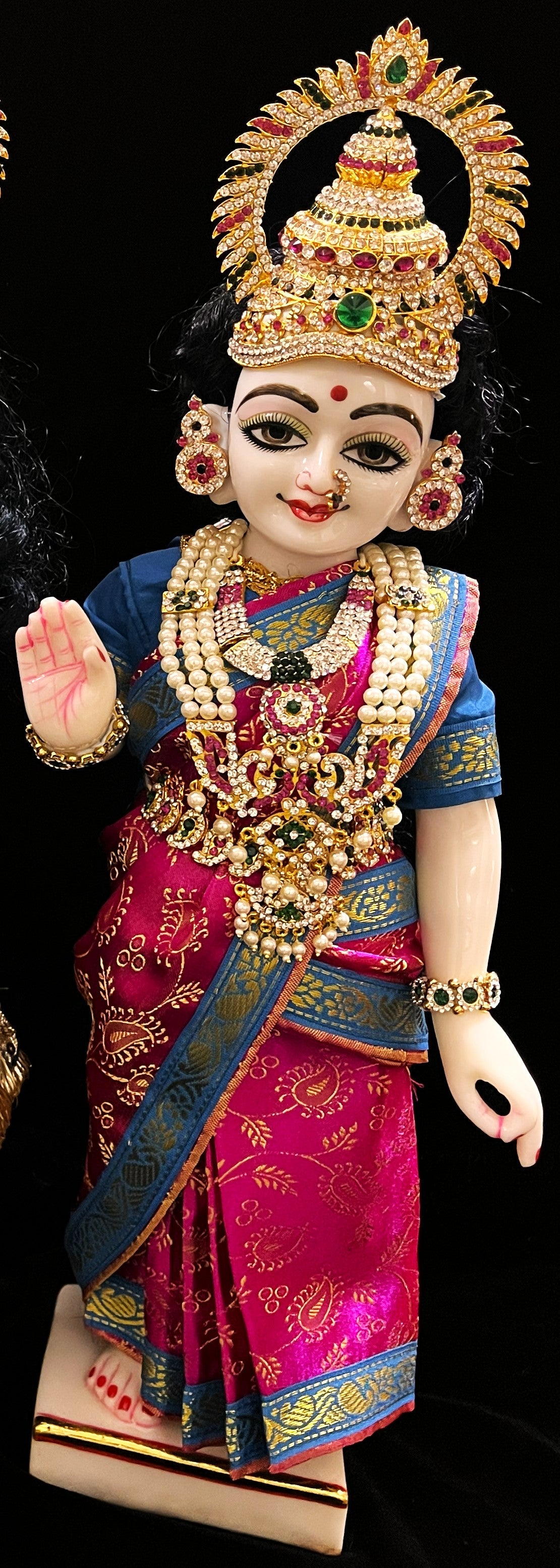 Amman Pavadai, Ammavaru Saree, Vitthal Rukhmini Vastra, Ram Sita Poshak, Radha Krishna Dress, Radha Rani Poshak for Standing Idol, pre-stiched Sadi , Made of  Satin Silk (not pure silk) - Pink pre-pleated Saree with Sky Blue Contrast and blouse