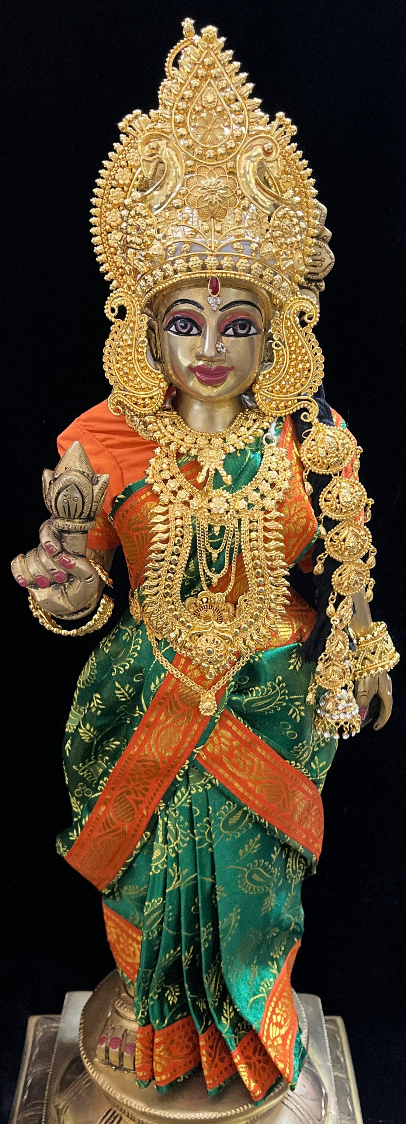 Amman Pavadai, Ammavaru Saree, Vitthal Rukhmini Vastra, Ram Sita Poshak, Radha Krishna Dress, Radha Rani Poshak for Standing Idol, pre-stiched Sadi , Made of  Satin Silk (not pure silk) - Green pre-pleated Saree with Orange Contrast and blouse