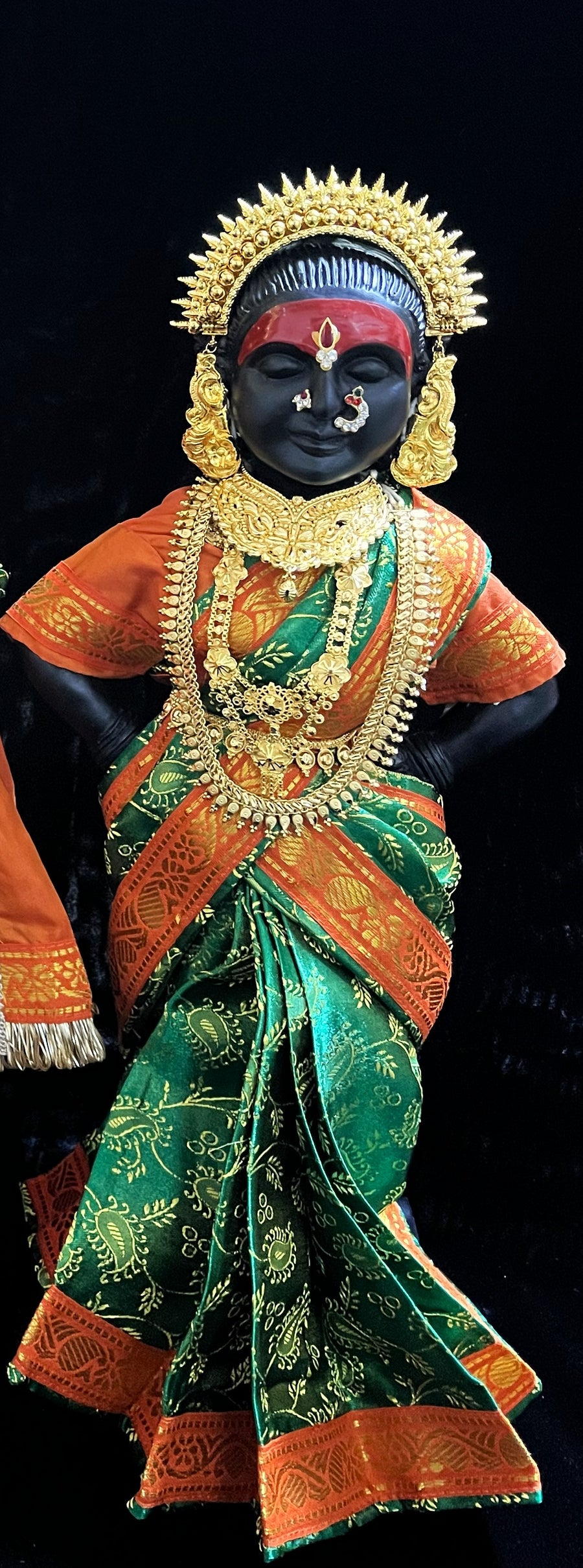 Amman Pavadai, Ammavaru Saree, Vitthal Rukhmini Vastra, Ram Sita Poshak, Radha Krishna Dress, Radha Rani Poshak for Standing Idol, pre-stiched Sadi , Made of  Satin Silk (not pure silk) - Green pre-pleated Saree with Orange Contrast and blouse