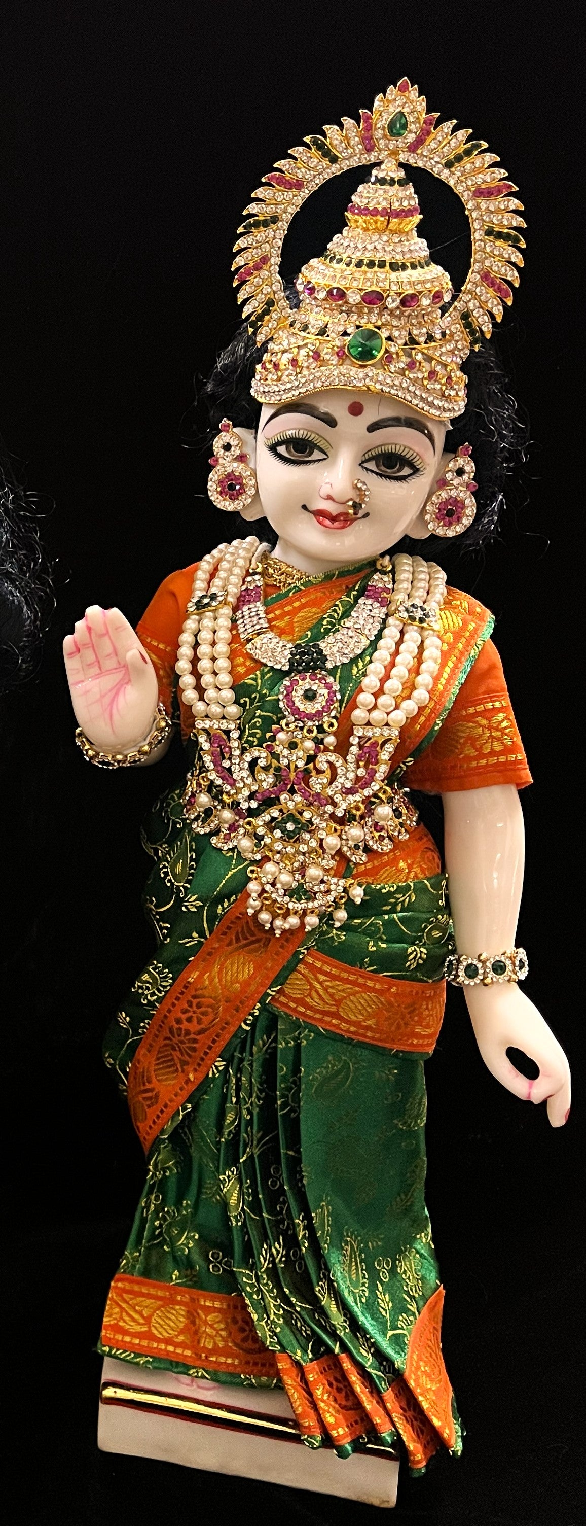 Amman Pavadai, Ammavaru Saree, Vitthal Rukhmini Vastra, Ram Sita Poshak, Radha Krishna Dress, Radha Rani Poshak for Standing Idol, pre-stiched Sadi , Made of  Satin Silk (not pure silk) - Green pre-pleated Saree with Orange Contrast and blouse 2
