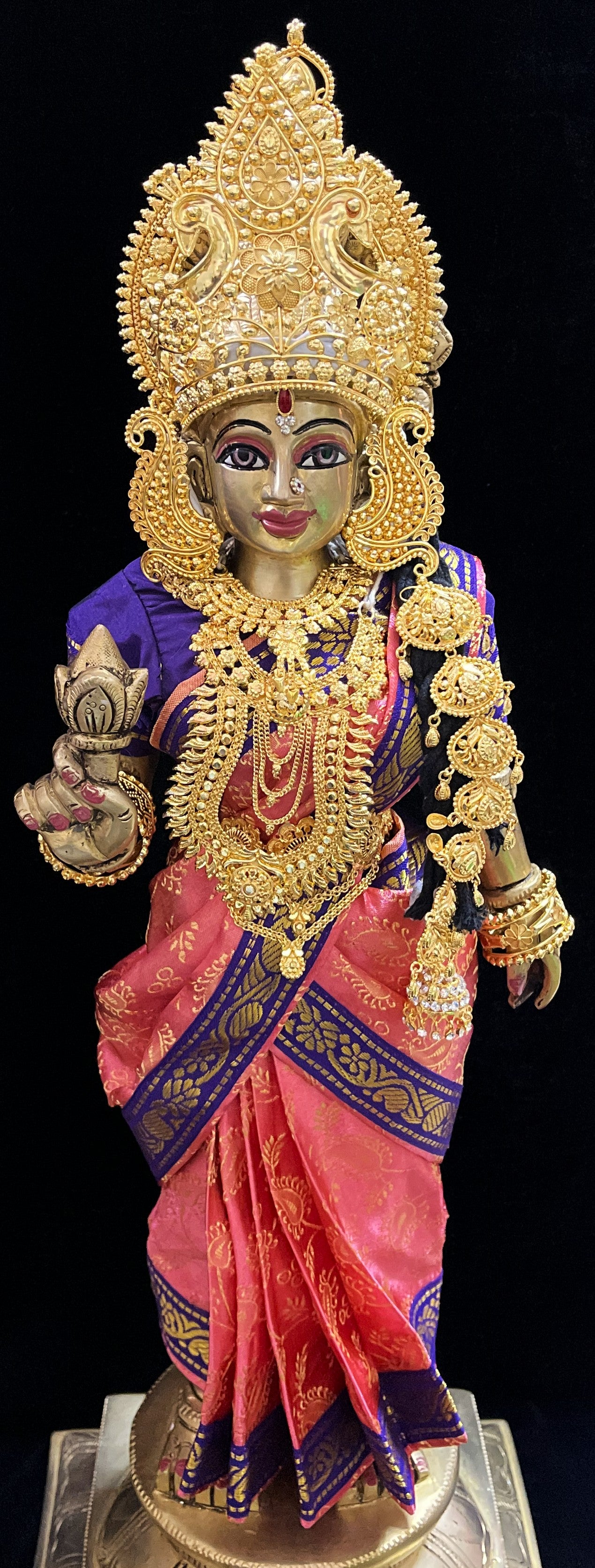 Amman Pavadai, Ammavaru Saree, Vitthal Rukhmini Vastra, Ram Sita Poshak, Radha Krishna Dress, Radha Rani Poshak for Standing Idol, pre-stiched Sadi , Made of  Satin Silk (not pure silk) - Peach pre-pleated Saree with Voilet Contrast and blouse 3