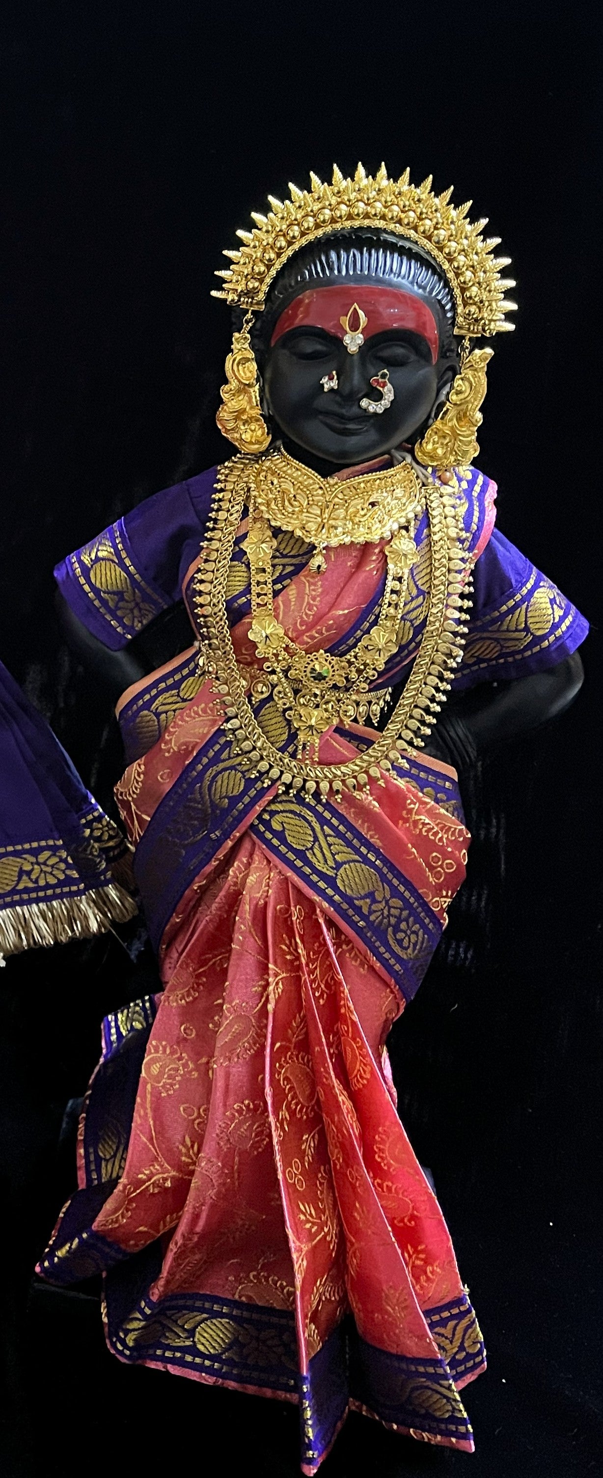 Amman Pavadai, Ammavaru Saree, Vitthal Rukhmini Vastra, Ram Sita Poshak, Radha Krishna Dress, Radha Rani Poshak for Standing Idol, pre-stiched Sadi , Made of  Satin Silk (not pure silk) - Peach pre-pleated Saree with Voilet Contrast and blouse 1