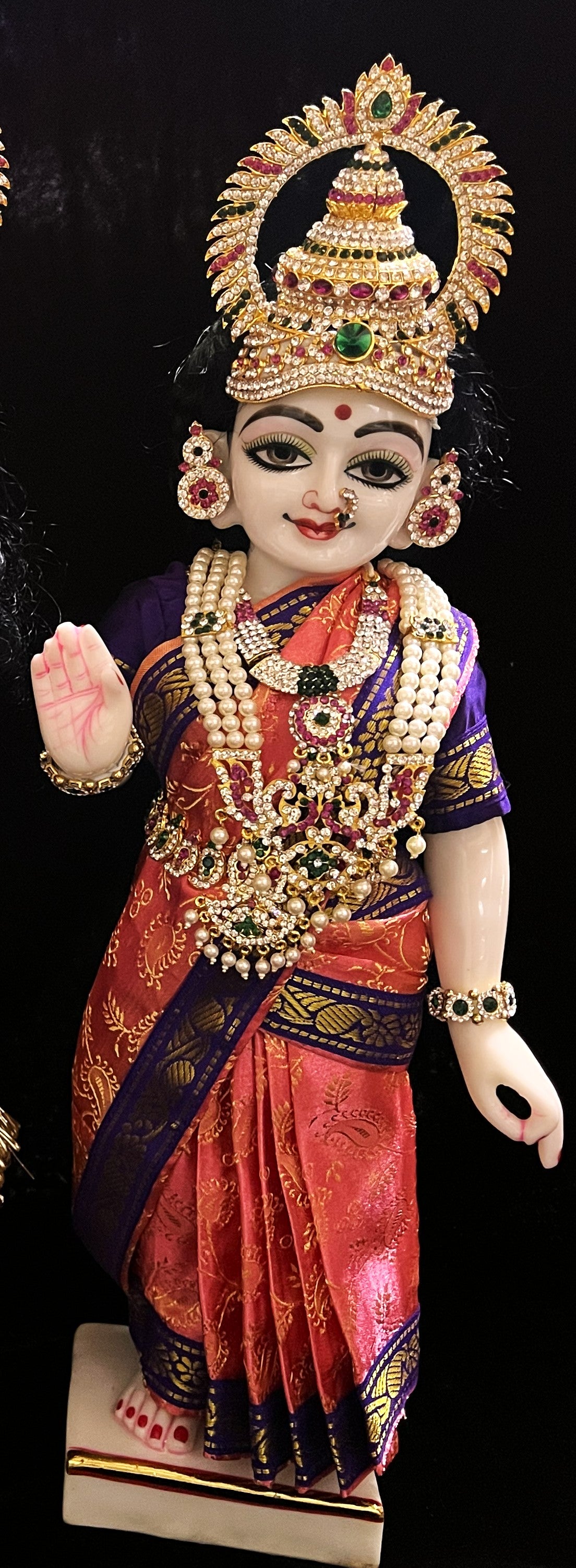 Amman Pavadai, Ammavaru Saree, Vitthal Rukhmini Vastra, Ram Sita Poshak, Radha Krishna Dress, Radha Rani Poshak for Standing Idol, pre-stiched Sadi , Made of  Satin Silk (not pure silk) - Peach pre-pleated Saree with Voilet Contrast and blouse 2