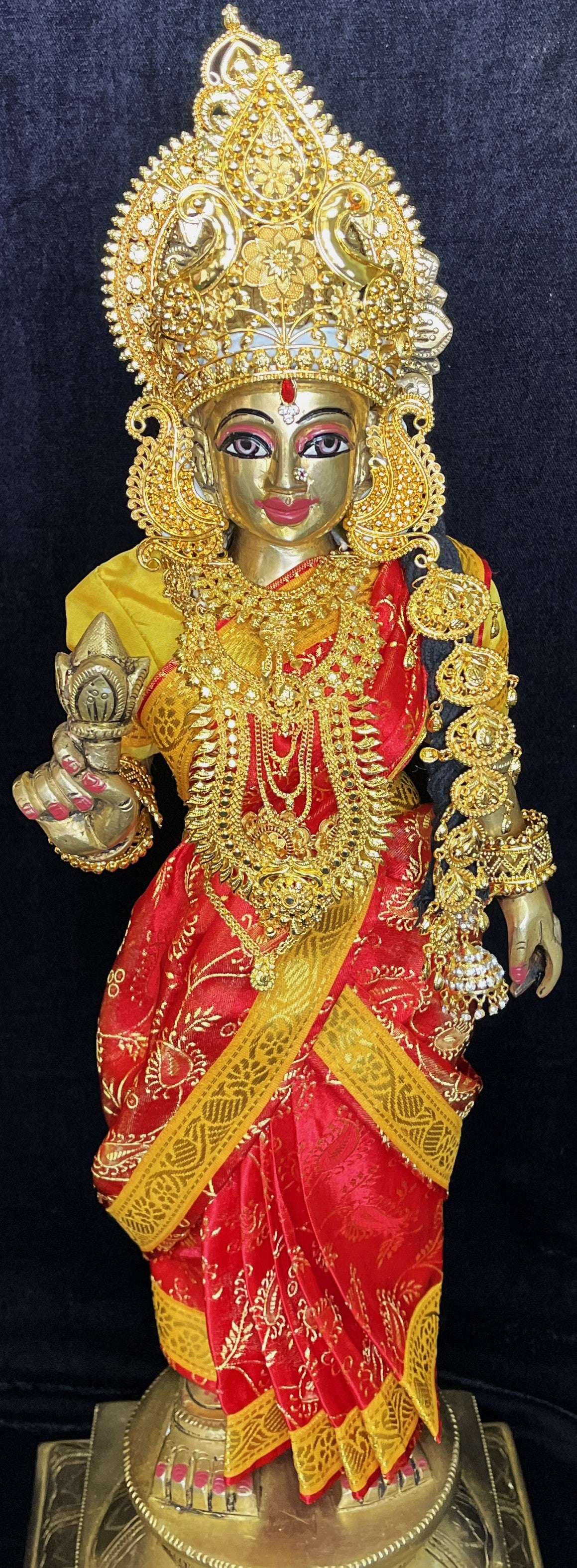 Amman Pavadai, Ammavaru Saree, Vitthal Rukhmini Vastra, Ram Sita Poshak, Radha Krishna Dress, Radha Rani Poshak for Standing Idol, pre-stiched Sadi , Made of  Satin Silk (not pure silk) - Red pre-pleated Saree with Yellow Contrast and blouse 3