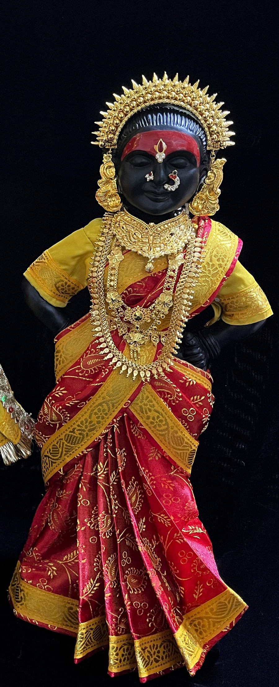 Amman Pavadai, Ammavaru Saree, Vitthal Rukhmini Vastra, Ram Sita Poshak, Radha Krishna Dress, Radha Rani Poshak for Standing Idol, pre-stiched Sadi , Made of  Satin Silk (not pure silk) - Red pre-pleated Saree with Yellow Contrast and blouse