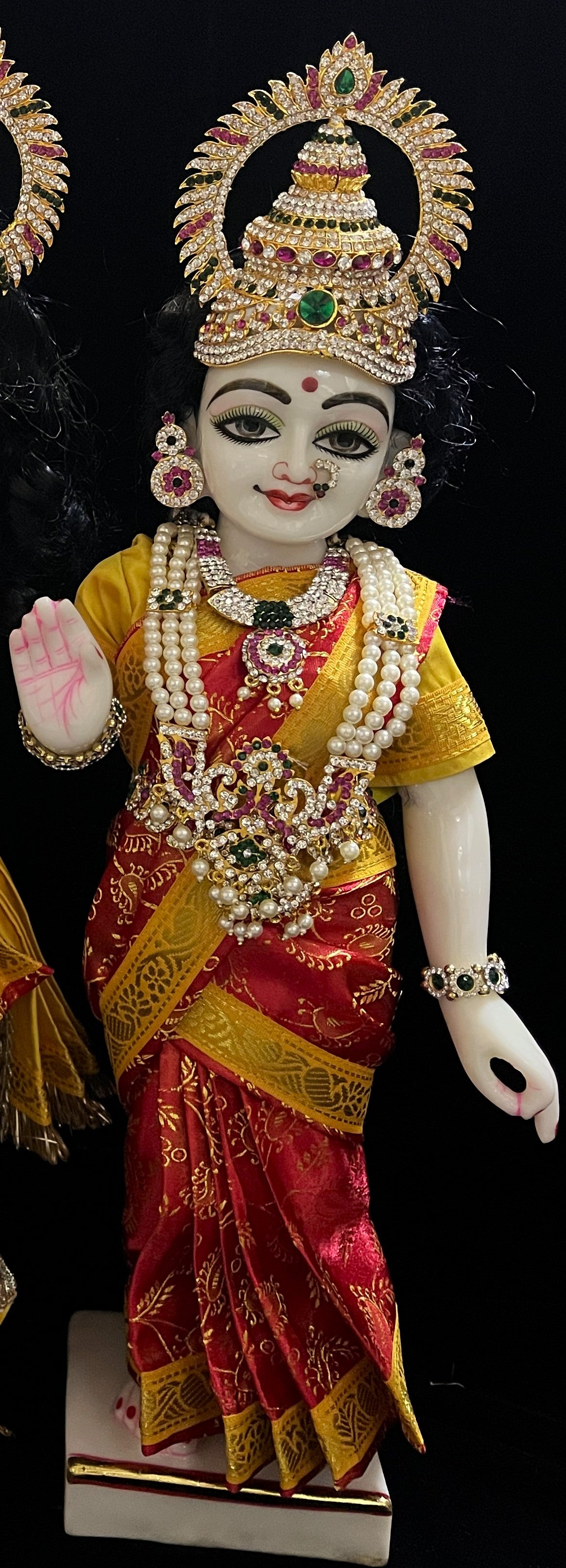 Amman Pavadai, Ammavaru Saree, Vitthal Rukhmini Vastra, Ram Sita Poshak, Radha Krishna Dress, Radha Rani Poshak for Standing Idol, pre-stiched Sadi , Made of  Satin Silk (not pure silk) - Red pre-pleated Saree with Yellow Contrast and blouse