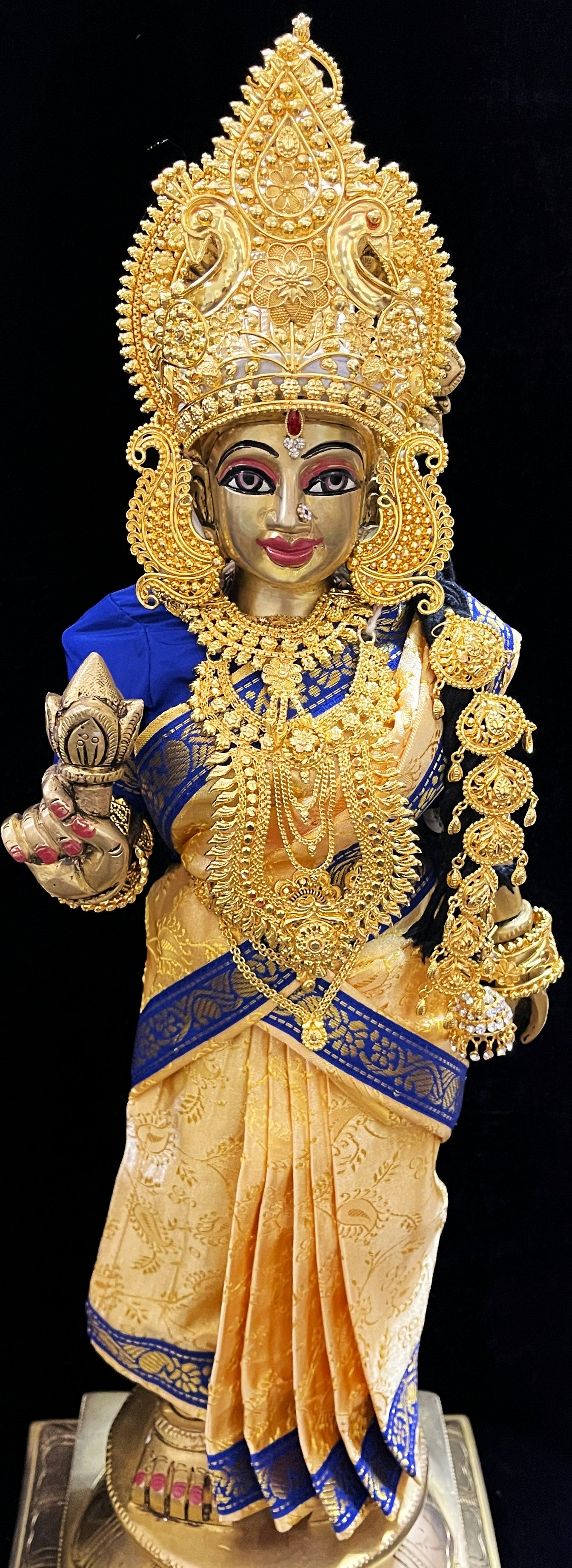 Amman Pavadai, Ammavaru Saree, Vitthal Rukhmini Vastra, Ram Sita Poshak, Radha Krishna Dress, Radha Rani Poshak for Standing Idol, pre-stiched Sadi , Made of  Satin Silk (not pure silk) - Cream pre-pleated Saree with Royal Blue Contrast and blouse