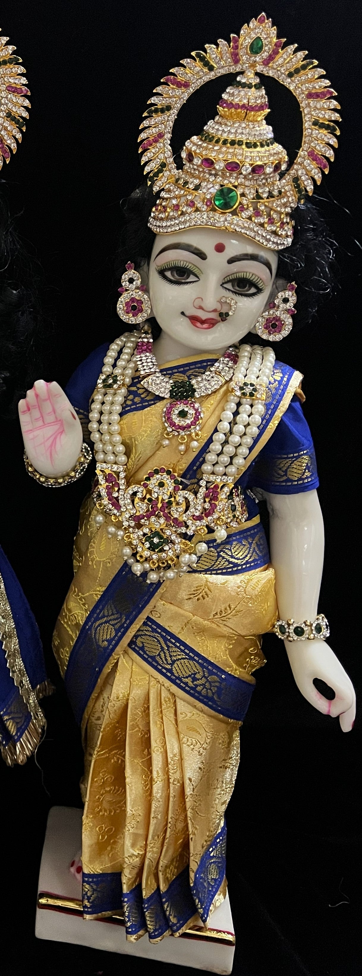 Amman Pavadai, Ammavaru Saree, Vitthal Rukhmini Vastra, Ram Sita Poshak, Radha Krishna Dress, Radha Rani Poshak for Standing Idol, pre-stiched Sadi , Made of  Satin Silk (not pure silk) - Cream pre-pleated Saree with Royal Blue Contrast and blouse