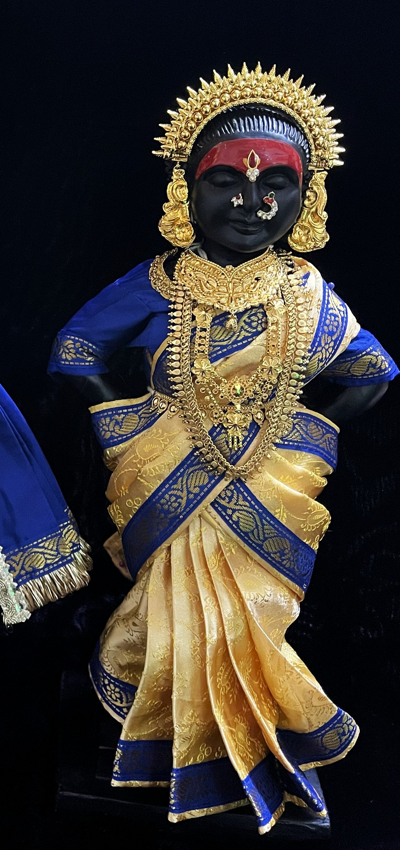 Amman Pavadai, Ammavaru Saree, Vitthal Rukhmini Vastra, Ram Sita Poshak, Radha Krishna Dress, Radha Rani Poshak for Standing Idol, pre-stiched Sadi , Made of  Satin Silk (not pure silk) - Cream pre-pleated Saree with Royal Blue Contrast and blouse