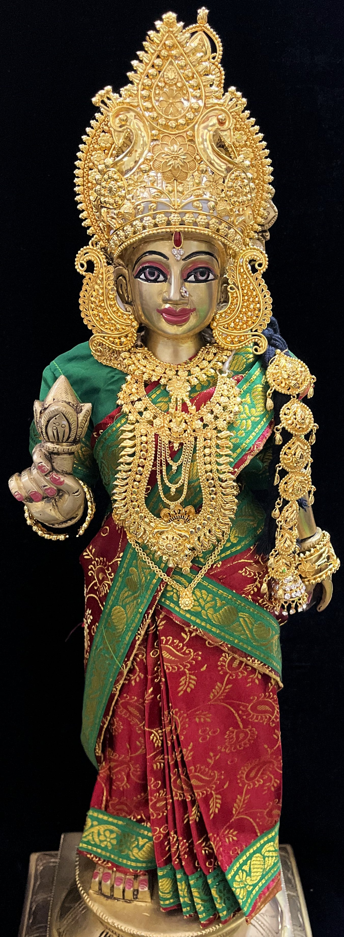 Amman Pavadai, Ammavaru Saree, Vitthal Rukhmini Vastra, Ram Sita Poshak, Radha Krishna Dress, Radha Rani Poshak for Standing Idol, pre-stiched Sadi , Made of  Satin Silk (not pure silk) - Maroon pre-pleated Saree with Dark Green Contrast and blouse 3