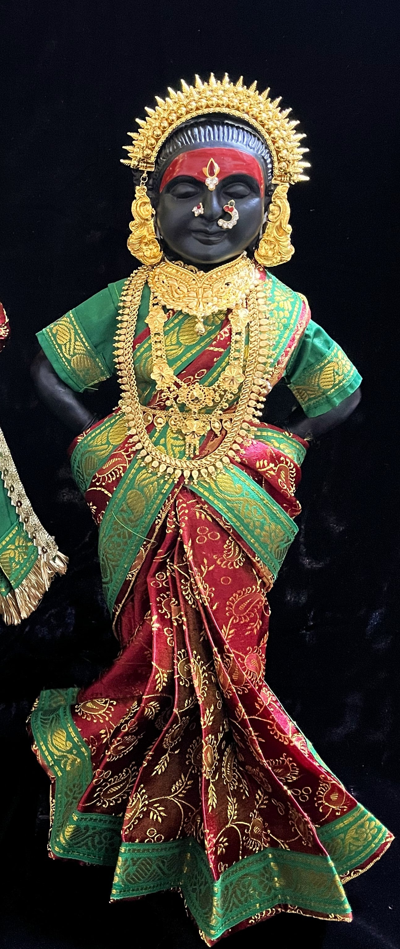 Amman Pavadai, Ammavaru Saree, Vitthal Rukhmini Vastra, Ram Sita Poshak, Radha Krishna Dress, Radha Rani Poshak for Standing Idol, pre-stiched Sadi , Made of  Satin Silk (not pure silk) - Maroon pre-pleated Saree with Dark Green Contrast and blouse 1