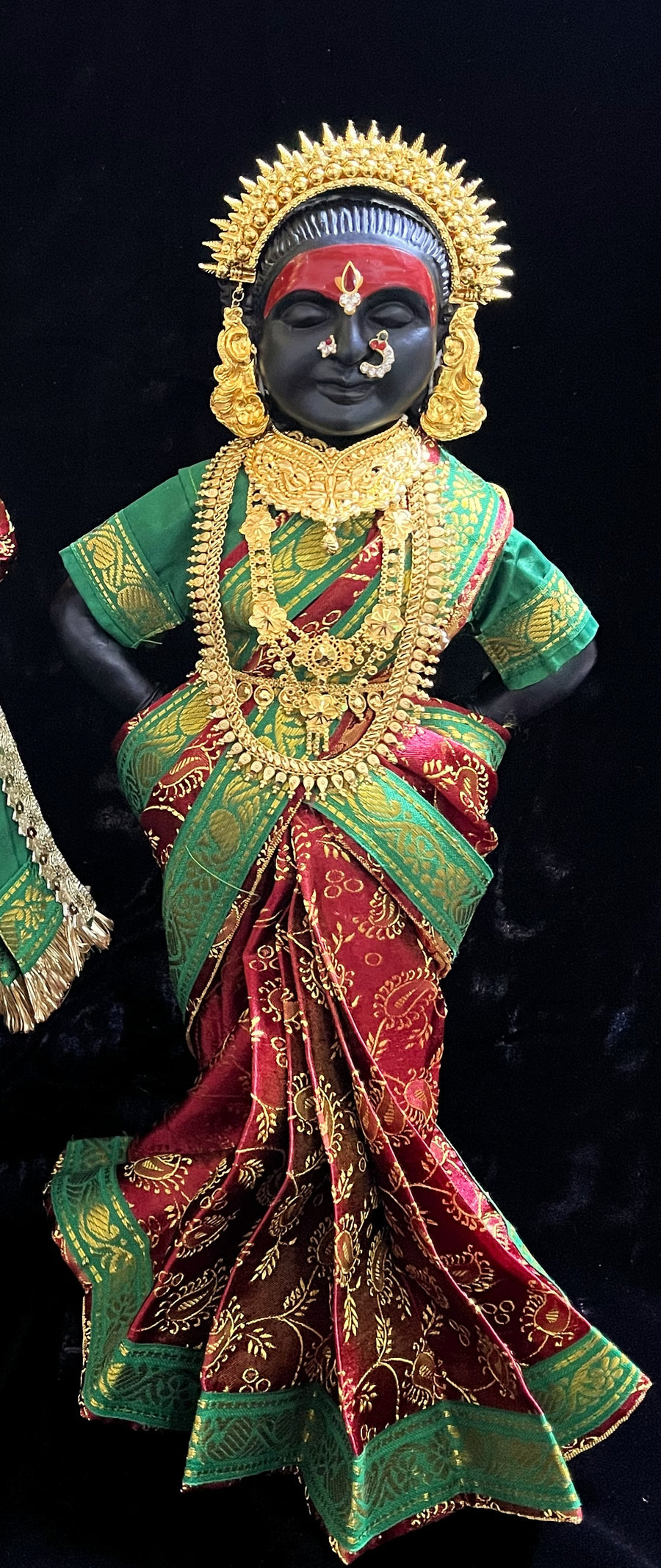 Amman Pavadai, Ammavaru Saree, Vitthal Rukhmini Vastra, Ram Sita Poshak, Radha Krishna Dress, Radha Rani Poshak for Standing Idol, pre-stiched Sadi , Made of  Satin Silk (not pure silk) - Maroon pre-pleated Saree with Dark Green Contrast and blouse
