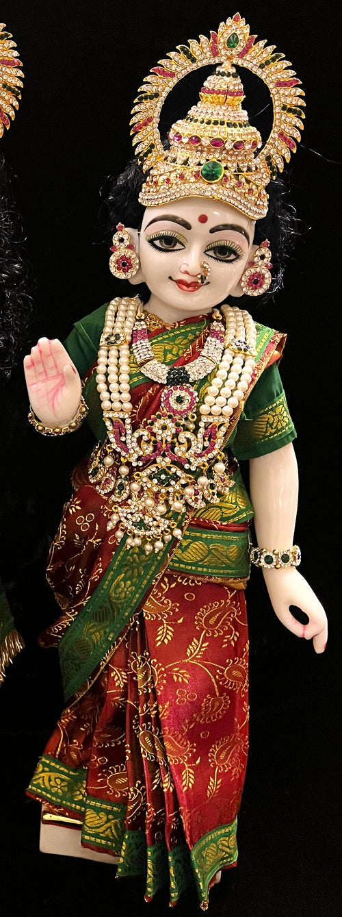 Amman Pavadai, Ammavaru Saree, Vitthal Rukhmini Vastra, Ram Sita Poshak, Radha Krishna Dress, Radha Rani Poshak for Standing Idol, pre-stiched Sadi , Made of  Satin Silk (not pure silk) - Maroon pre-pleated Saree with Dark Green Contrast and blouse