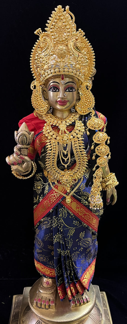 Amman Pavadai, Ammavaru Saree, Vitthal Rukhmini Vastra, Ram Sita Poshak, Radha Krishna Dress, Radha Rani Poshak for Standing Idol, pre-stiched Sadi , Made of  Satin Silk (not pure silk) - Dark Blue pre-pleated Saree with red Contrast and blouse
