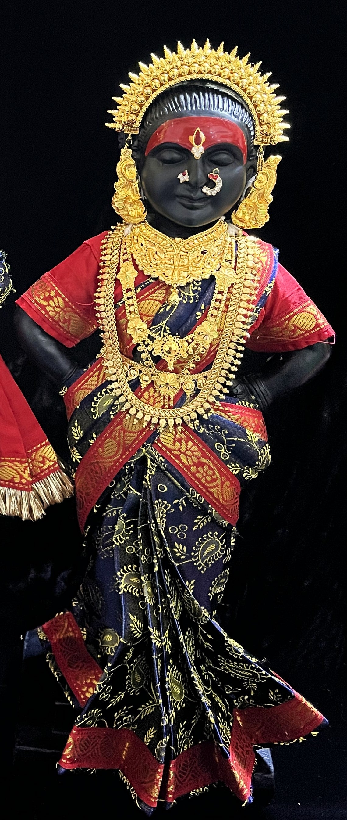 Amman Pavadai, Ammavaru Saree, Vitthal Rukhmini Vastra, Ram Sita Poshak, Radha Krishna Dress, Radha Rani Poshak for Standing Idol, pre-stiched Sadi , Made of  Satin Silk (not pure silk) - Dark Blue pre-pleated Saree with red Contrast and blouse