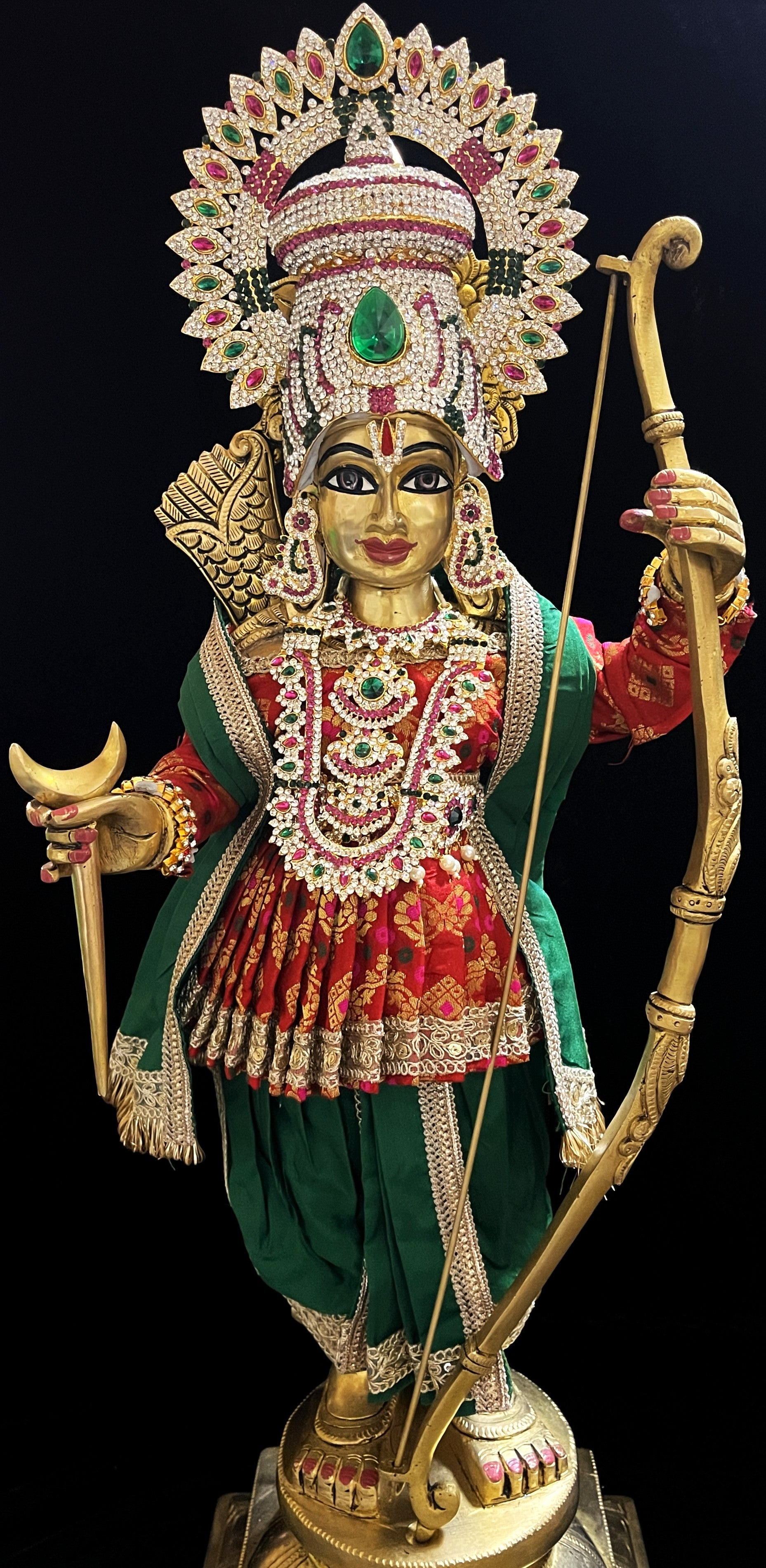 Angharkha dhoti  Patka/shalya, made of  Multicoloured Chanderi Silk (Not Pure Silk) - Red pre-plated, pre-stiched Angarkha with Dark Green Contrast and Dhoti and shallya 3