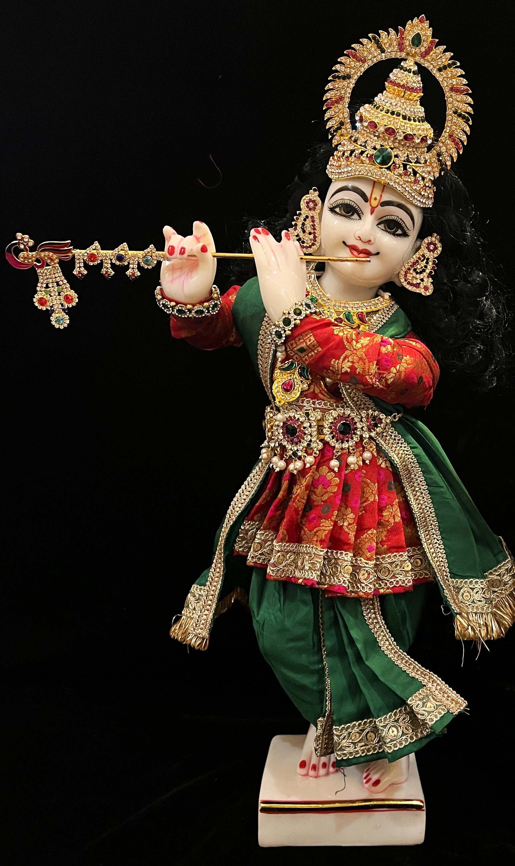 Angharkha dhoti  Patka/shalya, made of  Multicoloured Chanderi Silk (Not Pure Silk) - Red pre-plated, pre-stiched Angarkha with Dark Green Contrast and Dhoti and shallya