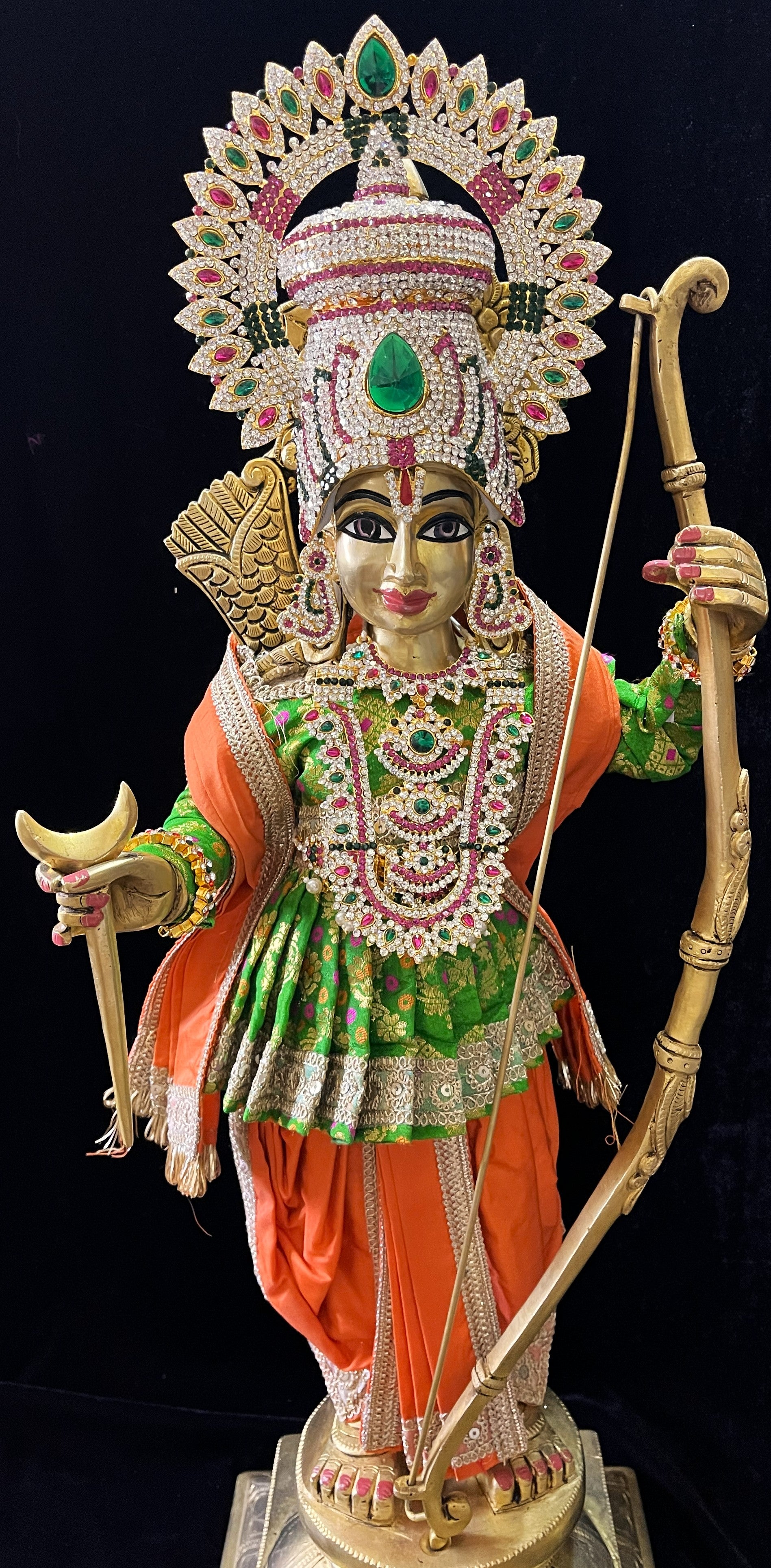 Angharkha dhoti  Patka/shalya, made of  Multicoloured Chanderi Silk (Not Pure Silk) - Parrot Green pre-plated, pre-stiched Angarkha with Orange Contrast and Dhoti and shallya