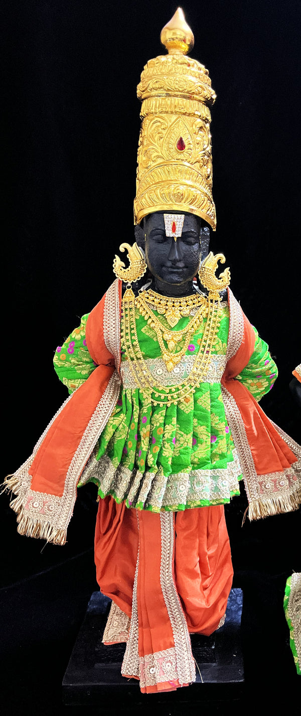 Angharkha dhoti  Patka/shalya, made of  Multicoloured Chanderi Silk (Not Pure Silk) - Parrot Green pre-plated, pre-stiched Angarkha with Orange Contrast and Dhoti and shallya