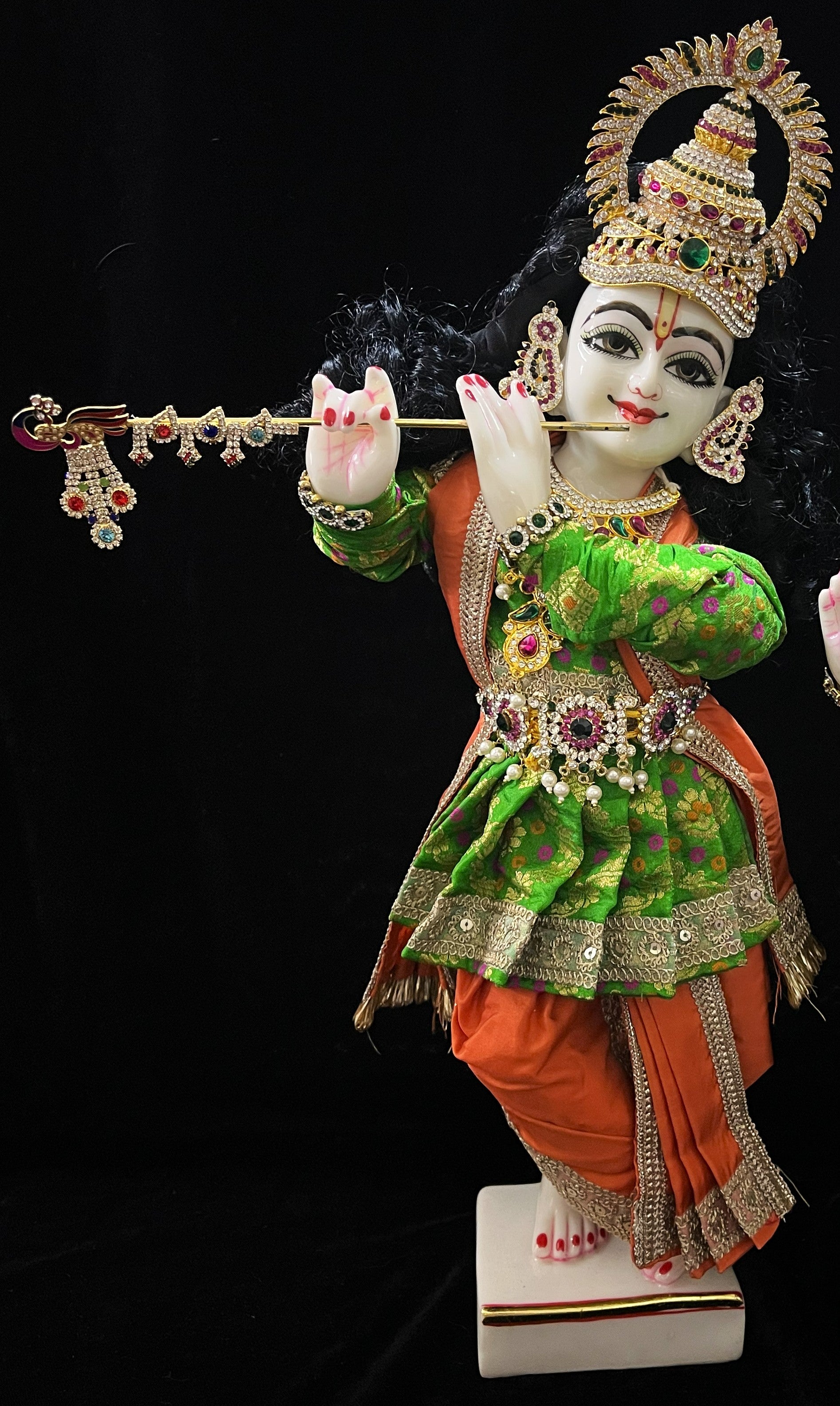 Angharkha dhoti  Patka/shalya, made of  Multicoloured Chanderi Silk (Not Pure Silk) - Parrot Green pre-plated, pre-stiched Angarkha with Orange Contrast and Dhoti and shallya