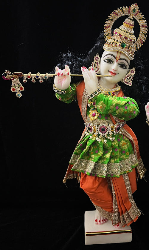 Angharkha dhoti  Patka/shalya, made of  Multicoloured Chanderi Silk (Not Pure Silk) - Parrot Green pre-plated, pre-stiched Angarkha with Orange Contrast and Dhoti and shallya