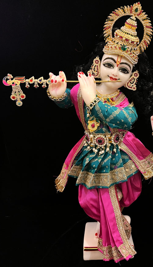 Angharkha dhoti  Patka/shalya, made of  Multicoloured Chanderi Silk (Not Pure Silk) - Rama Blue pre-plated, pre-stiched Angarkha with Pink Contrast and Dhoti and shallya