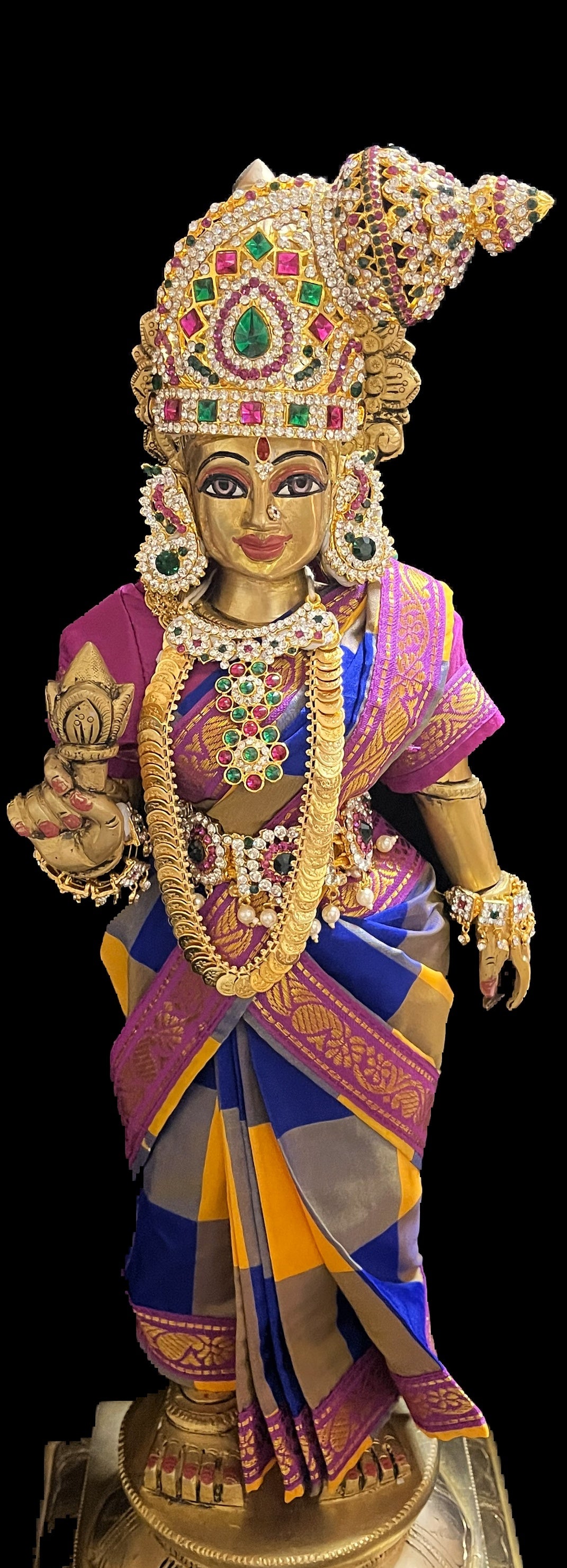 Royal Pre-Stitched Traditional Checks Silk Devi Saree - Yellow And Blue Checks Pre Pleted Saree with Purple Contrast and blouse 3