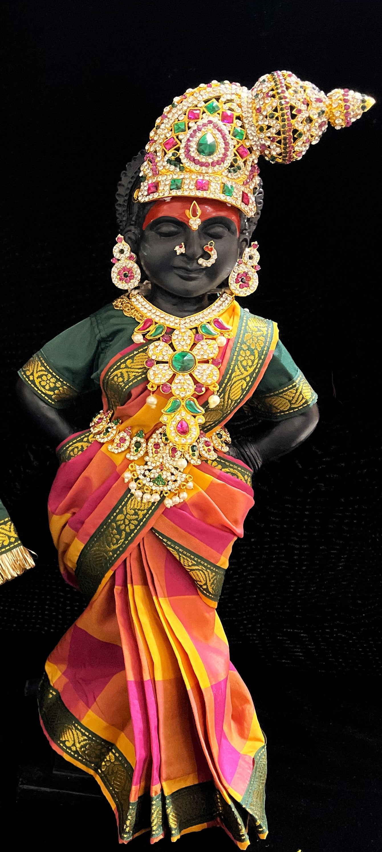 Royal Pre-Stitched Traditional Checks Silk Devi Saree - Yellow And Pink Checks Pre Pleted Saree with Bottle Green Contrast and blouse 2