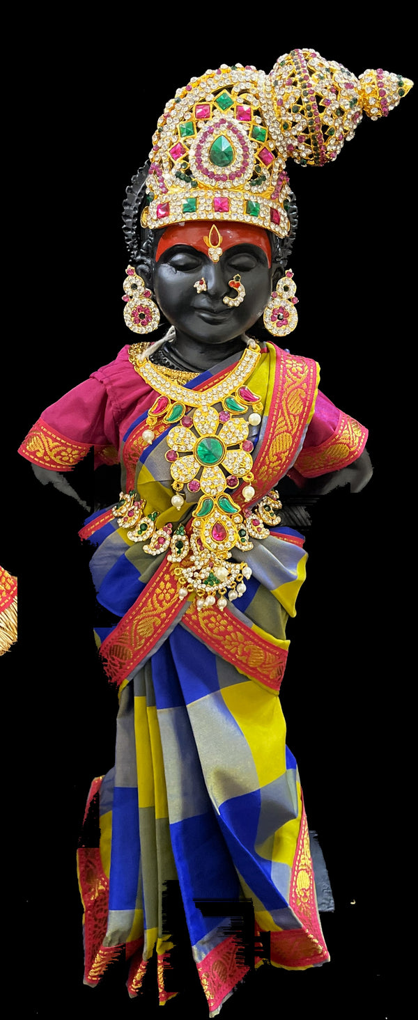 Royal Pre-Stitched Traditional Checks Silk Devi Saree - Parrot Green And Blue Checks Pre Pleted Saree with Pink Contrast and blouse