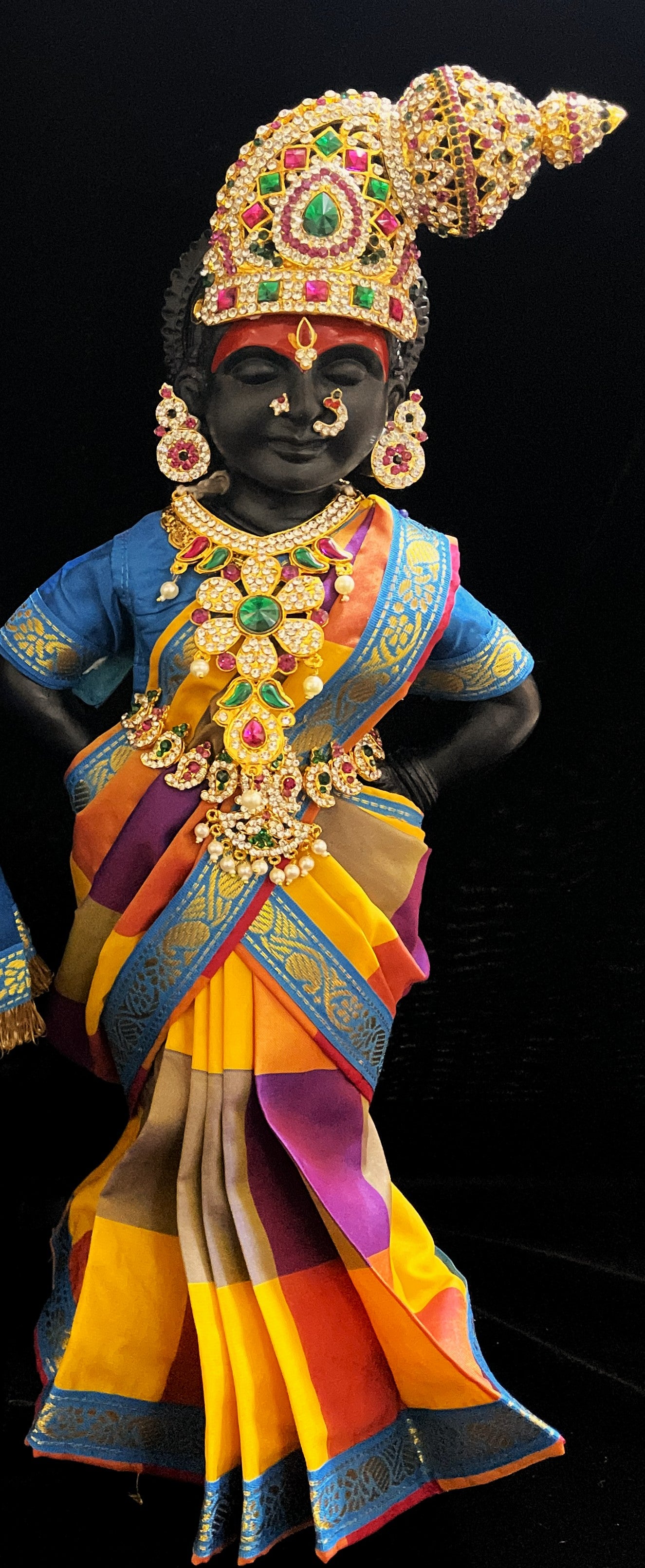 Royal Pre-Stitched Traditional Checks Silk Devi Saree - Yellow And Purple Checks Pre Pleted Saree with Light Blue Contrast and blouse 2