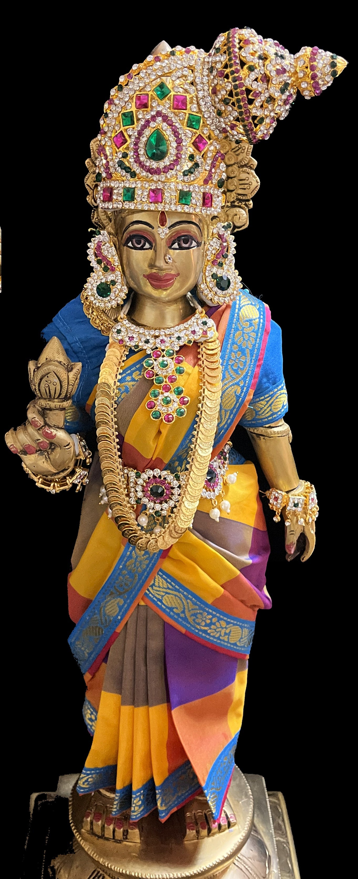 Royal Pre-Stitched Traditional Checks Silk Devi Saree - Yellow And Purple Checks Pre Pleted Saree with Light Blue Contrast and blouse 3