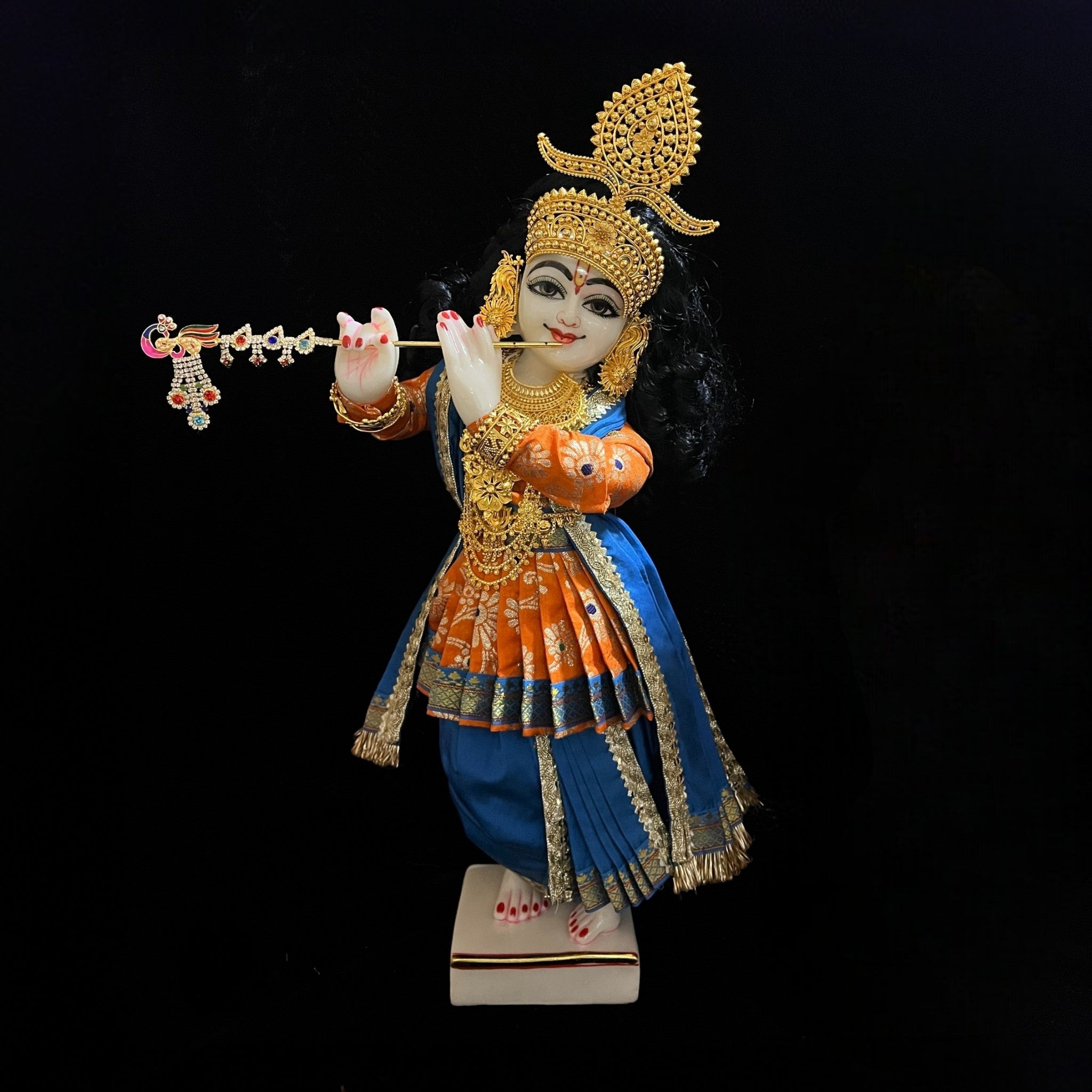 Vithhal Rukhmini dress, Ram Darbar dress, Radha krishna dress – Dhoti, Bhgavan dress, Deity Angharkha dhoti patka/shalya, Khes, kurta, Uparna Vastra for Rama, Krishna,Vitthal,made of Pure Tapeta Silk. - Orange pre plated Angarkha with Light Blue Contrast 2
