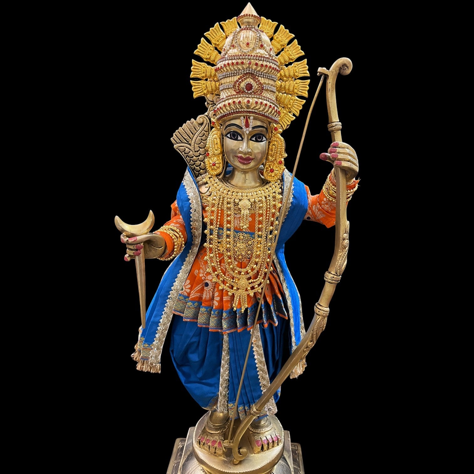 Vithhal Rukhmini dress, Ram Darbar dress, Radha krishna dress – Dhoti, Bhgavan dress, Deity Angharkha dhoti patka/shalya, Khes, kurta, Uparna Vastra for Rama, Krishna,Vitthal,made of Pure Tapeta Silk. - Orange pre plated Angarkha with Light Blue Contrast 1