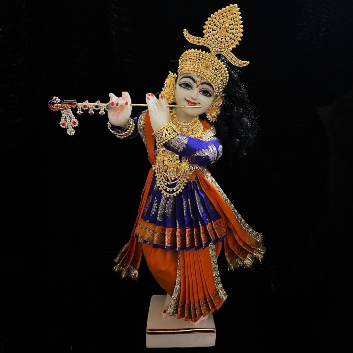 Vithhal Rukhmini dress, Ram Darbar dress, Radha krishna dress – Dhoti, Bhgavan dress, Deity Angharkha dhoti patka/shalya, Khes, kurta, Uparna Vastra for Rama, Krishna,Vitthal,made of Pure Tapeta Silk. - Dark Blue pre plated Angarkha with Orange Contrast