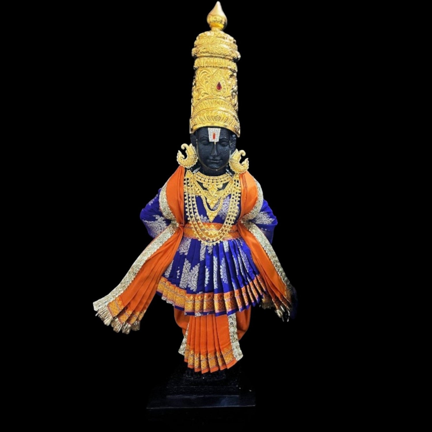 Vithhal Rukhmini dress, Ram Darbar dress, Radha krishna dress – Dhoti, Bhgavan dress, Deity Angharkha dhoti patka/shalya, Khes, kurta, Uparna Vastra for Rama, Krishna,Vitthal,made of Pure Tapeta Silk. - Dark Blue pre plated Angarkha with Orange Contrast