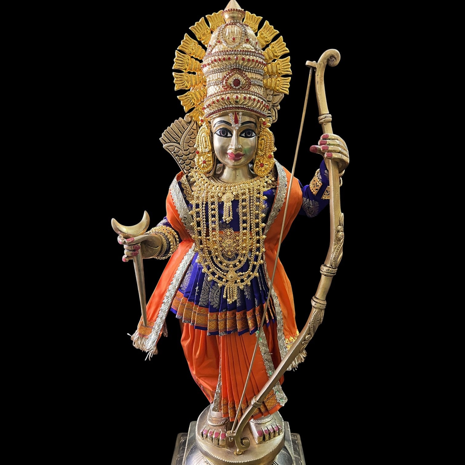 Vithhal Rukhmini dress, Ram Darbar dress, Radha krishna dress – Dhoti, Bhgavan dress, Deity Angharkha dhoti patka/shalya, Khes, kurta, Uparna Vastra for Rama, Krishna,Vitthal,made of Pure Tapeta Silk. - Dark Blue pre plated Angarkha with Orange Contrast 1