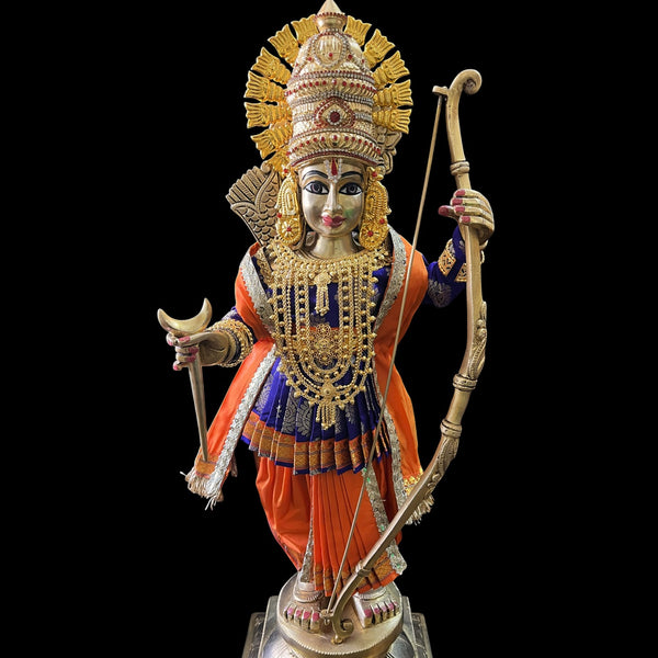 Vithhal Rukhmini dress, Ram Darbar dress, Radha krishna dress – Dhoti, Bhgavan dress, Deity Angharkha dhoti patka/shalya, Khes, kurta, Uparna Vastra for Rama, Krishna,Vitthal,made of Pure Tapeta Silk. - Dark Blue pre plated Angarkha with Orange Contrast