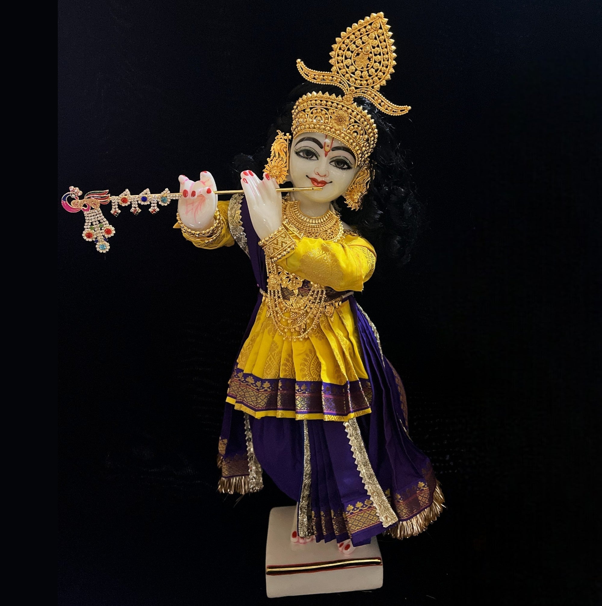 Vithhal Rukhmini dress, Ram Darbar dress, Radha krishna dress – Dhoti, Bhgavan dress, Deity Angharkha dhoti patka/shalya, Khes, kurta, Uparna Vastra for Rama, Krishna,Vitthal,made of Pure Tapeta Silk. - Yellow pre plated Angarkha with Dark Blue Contrast