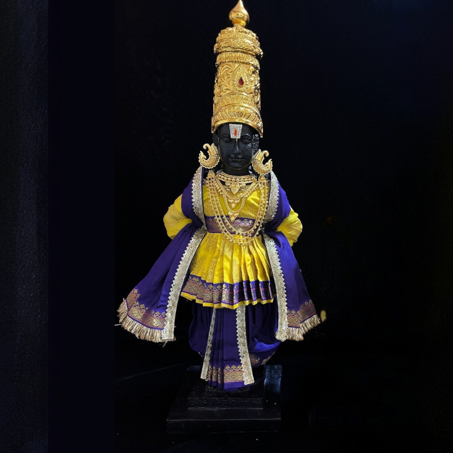 Vithhal Rukhmini dress, Ram Darbar dress, Radha krishna dress – Dhoti, Bhgavan dress, Deity Angharkha dhoti patka/shalya, Khes, kurta, Uparna Vastra for Rama, Krishna,Vitthal,made of Pure Tapeta Silk. - Yellow pre plated Angarkha with Dark Blue Contrast 3
