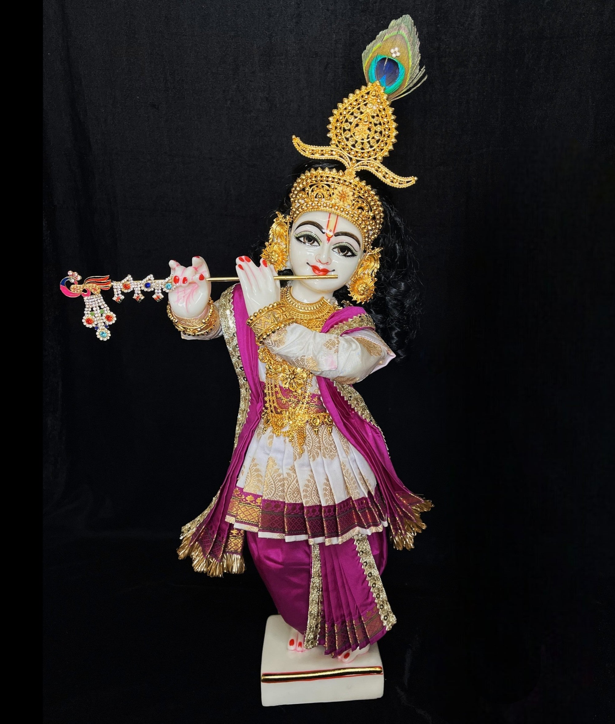 Vithhal Rukhmini dress, Ram Darbar dress, Radha krishna dress – Dhoti, Bhgavan dress, Deity Angharkha dhoti patka/shalya, Khes, kurta, Uparna Vastra for Rama, Krishna,Vitthal,made of Pure Tapeta Silk. - White pre plated Angarkha with Purple Contrast Dhoti 2