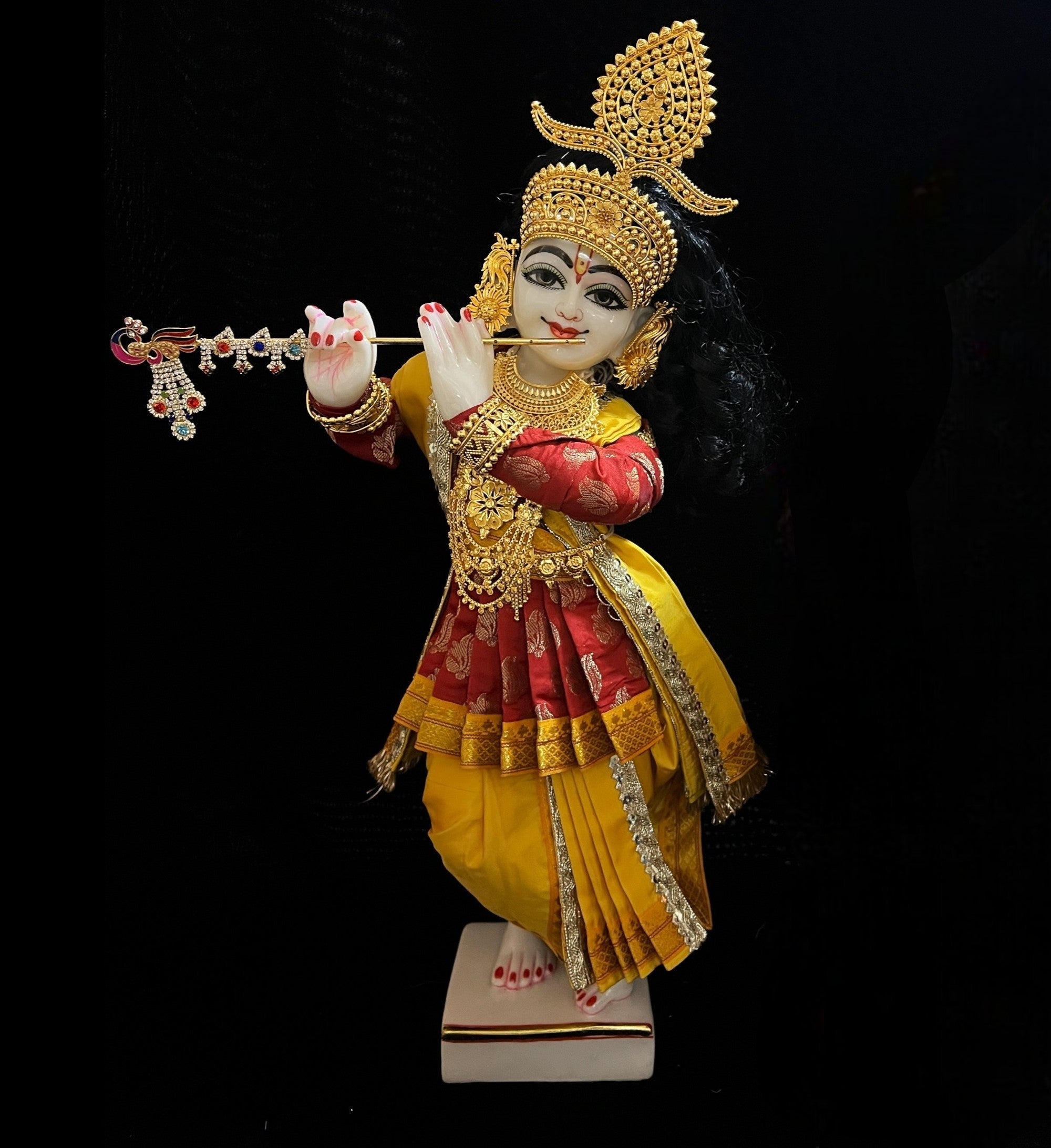 Vithhal Rukhmini dress, Ram Darbar dress, Radha krishna dress – Dhoti, Bhgavan dress, Deity Angharkha dhoti patka/shalya, Khes, kurta, Uparna Vastra for Rama, Krishna,Vitthal,made of Pure Tapeta Silk. - Red pre plated Angarkha with Yellow Contrast Dhoti
