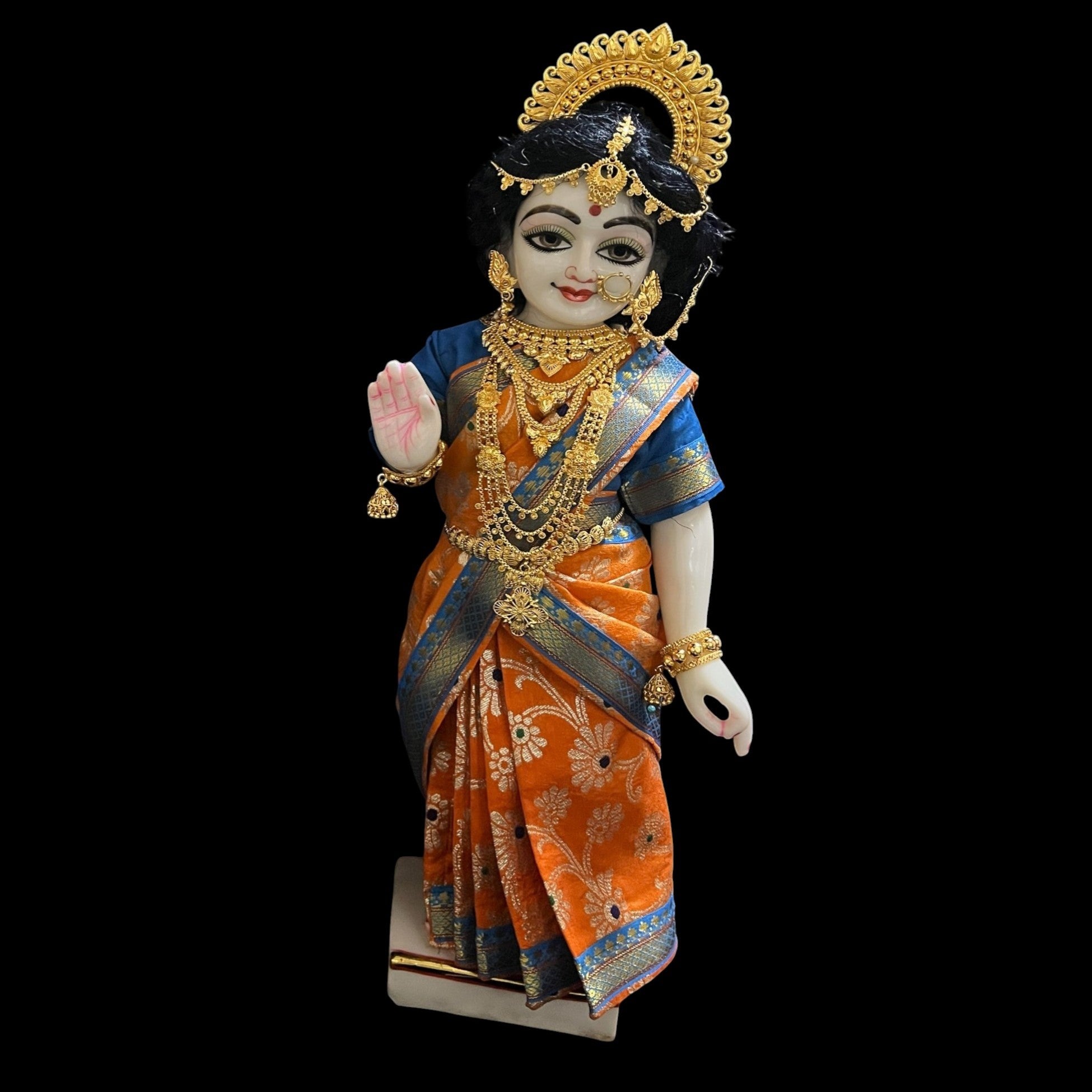 Amman Pavadai, Ammavaru Saree, Radha Krishna Vastra, Ram Sita Poshak, Radha Krishna Dress, Radha Rani Poshak for Standing Idol,pre stiched Sadi , Made of Pure Tapeta Silk - Orange pre plated Saree with Light Blue Contrast and blouse