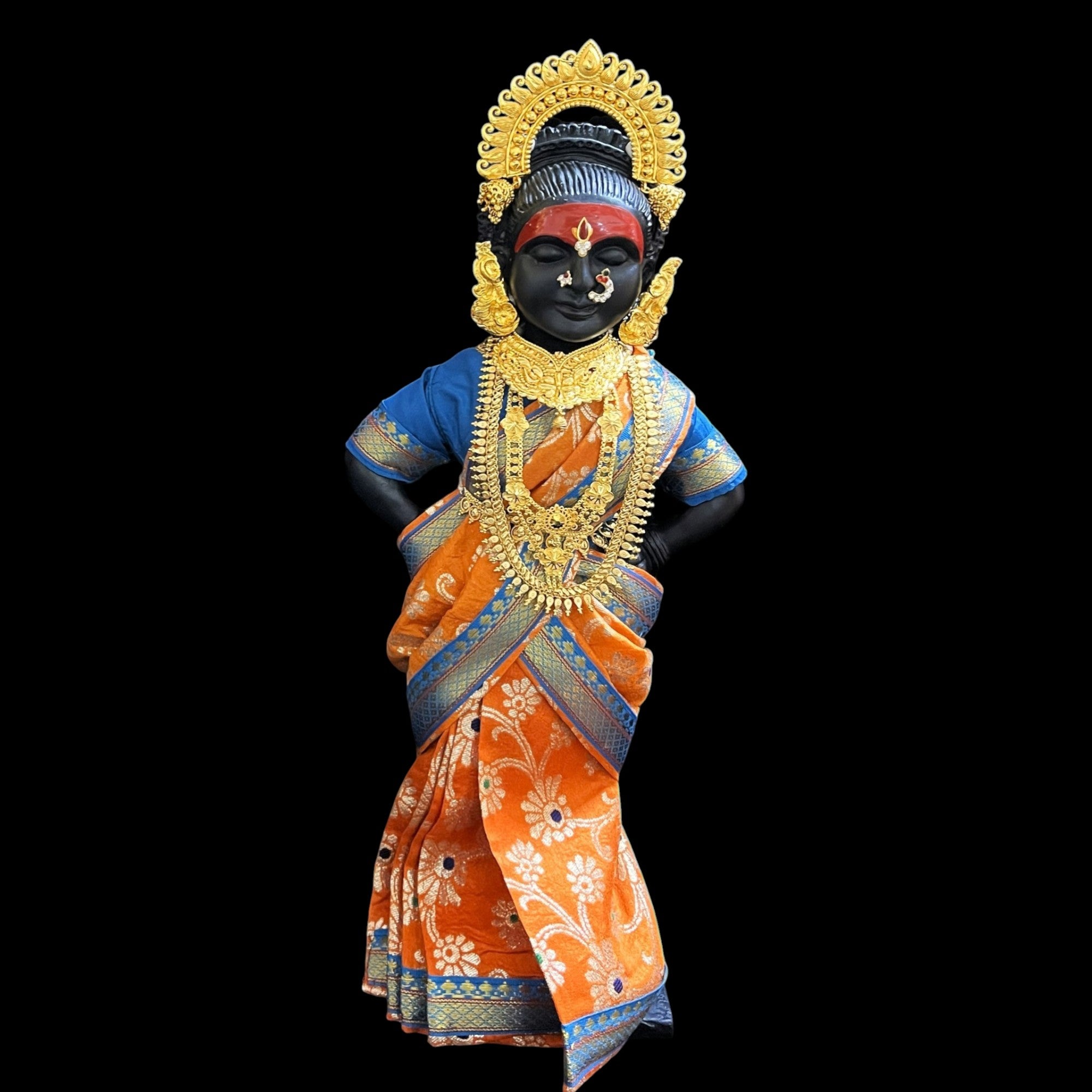 Amman Pavadai, Ammavaru Saree, Radha Krishna Vastra, Ram Sita Poshak, Radha Krishna Dress, Radha Rani Poshak for Standing Idol,pre stiched Sadi , Made of Pure Tapeta Silk - Orange pre plated Saree with Light Blue Contrast and blouse 3