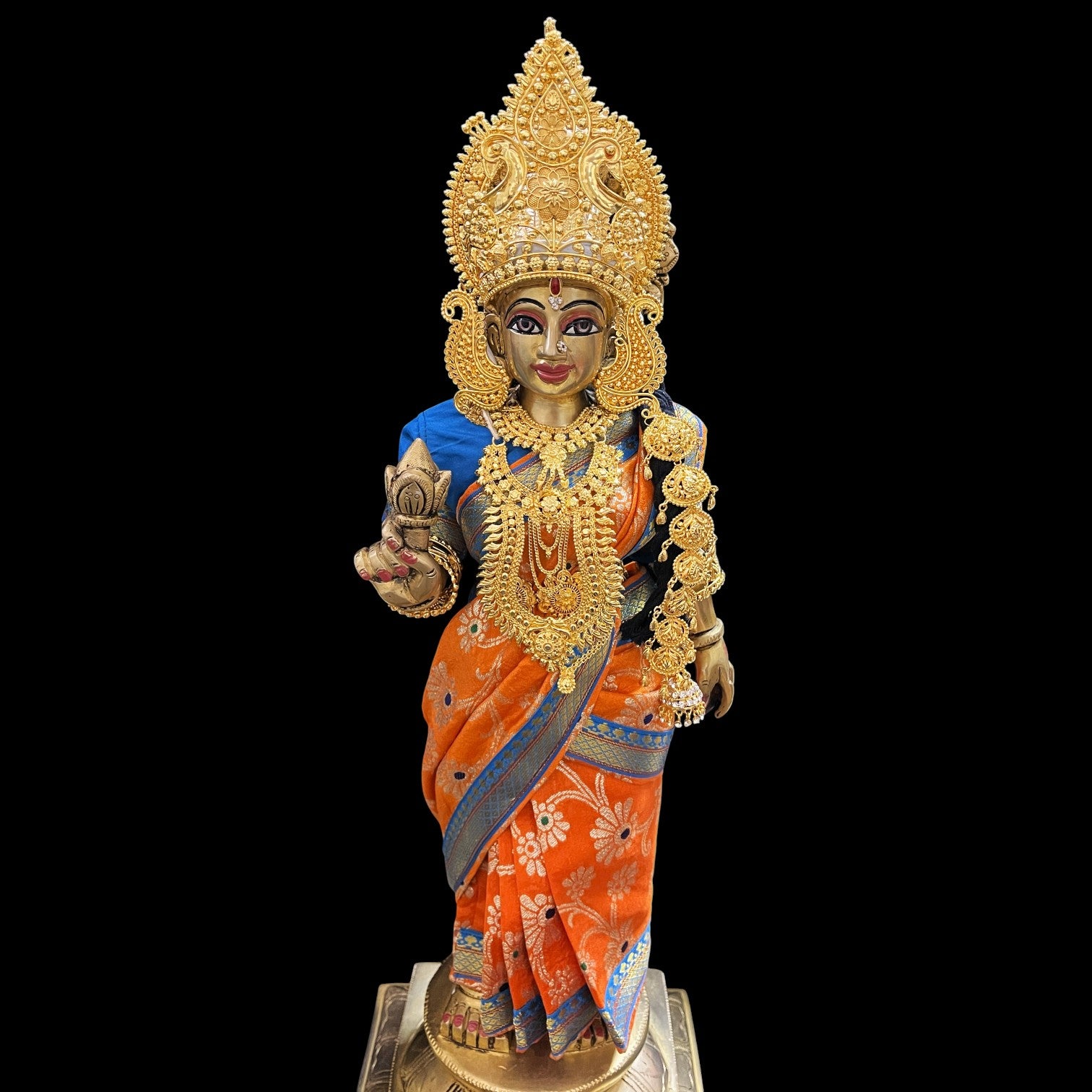Amman Pavadai, Ammavaru Saree, Radha Krishna Vastra, Ram Sita Poshak, Radha Krishna Dress, Radha Rani Poshak for Standing Idol,pre stiched Sadi , Made of Pure Tapeta Silk - Orange pre plated Saree with Light Blue Contrast and blouse 1