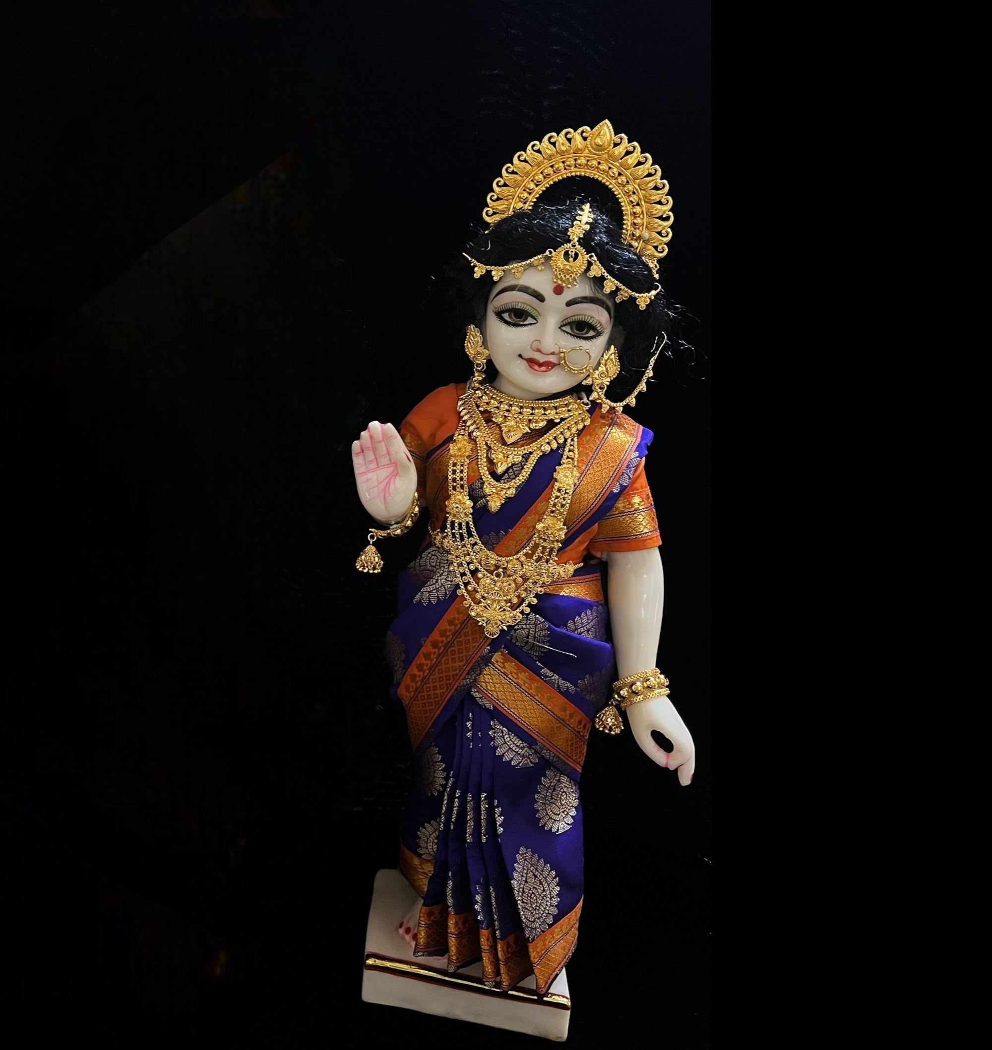 Amman Pavadai, Ammavaru Saree, Radha Krishna Vastra, Ram Sita Poshak, Radha Krishna Dress, Radha Rani Poshak for Standing Idol,pre stiched Sadi , Made of Pure Tapeta Silk - Dark Blue pre plated Saree with Orange Contrast and blouse 2