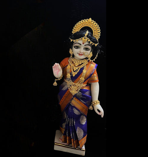 Amman Pavadai, Ammavaru Saree, Radha Krishna Vastra, Ram Sita Poshak, Radha Krishna Dress, Radha Rani Poshak for Standing Idol,pre stiched Sadi , Made of Pure Tapeta Silk - Dark Blue pre plated Saree with Orange Contrast and blouse
