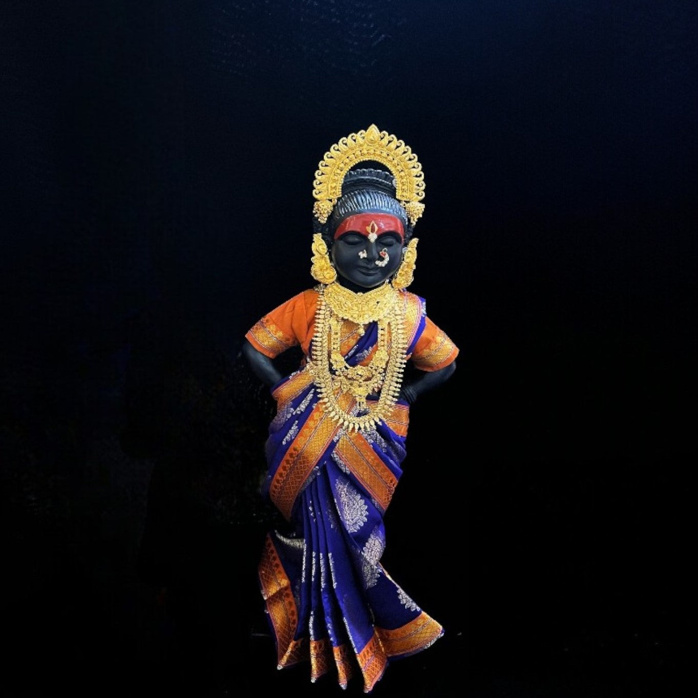 Amman Pavadai, Ammavaru Saree, Radha Krishna Vastra, Ram Sita Poshak, Radha Krishna Dress, Radha Rani Poshak for Standing Idol,pre stiched Sadi , Made of Pure Tapeta Silk - Dark Blue pre plated Saree with Orange Contrast and blouse